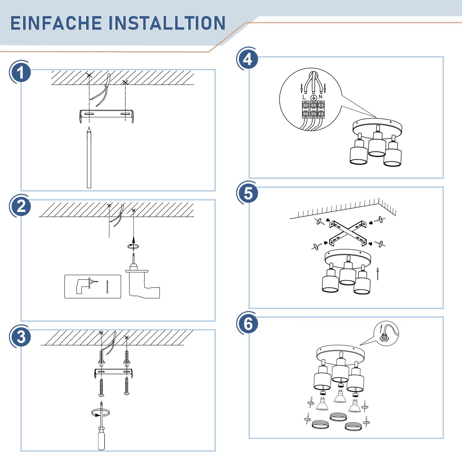 Fasi sequenziali per l'installazione dei faretti: foratura, avvitamento e collegamento dei fili.