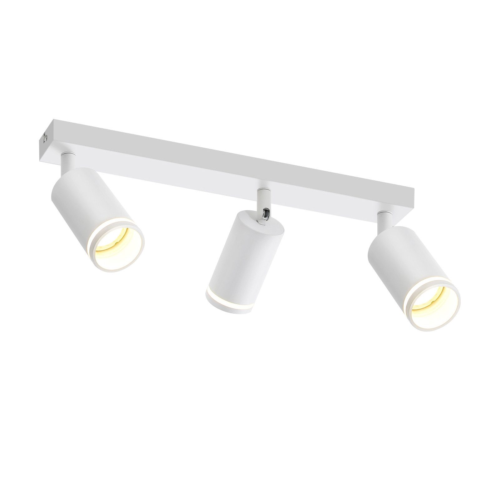 Lampada da soffitto bianca con tre luci. Sfondo bianco, studio.