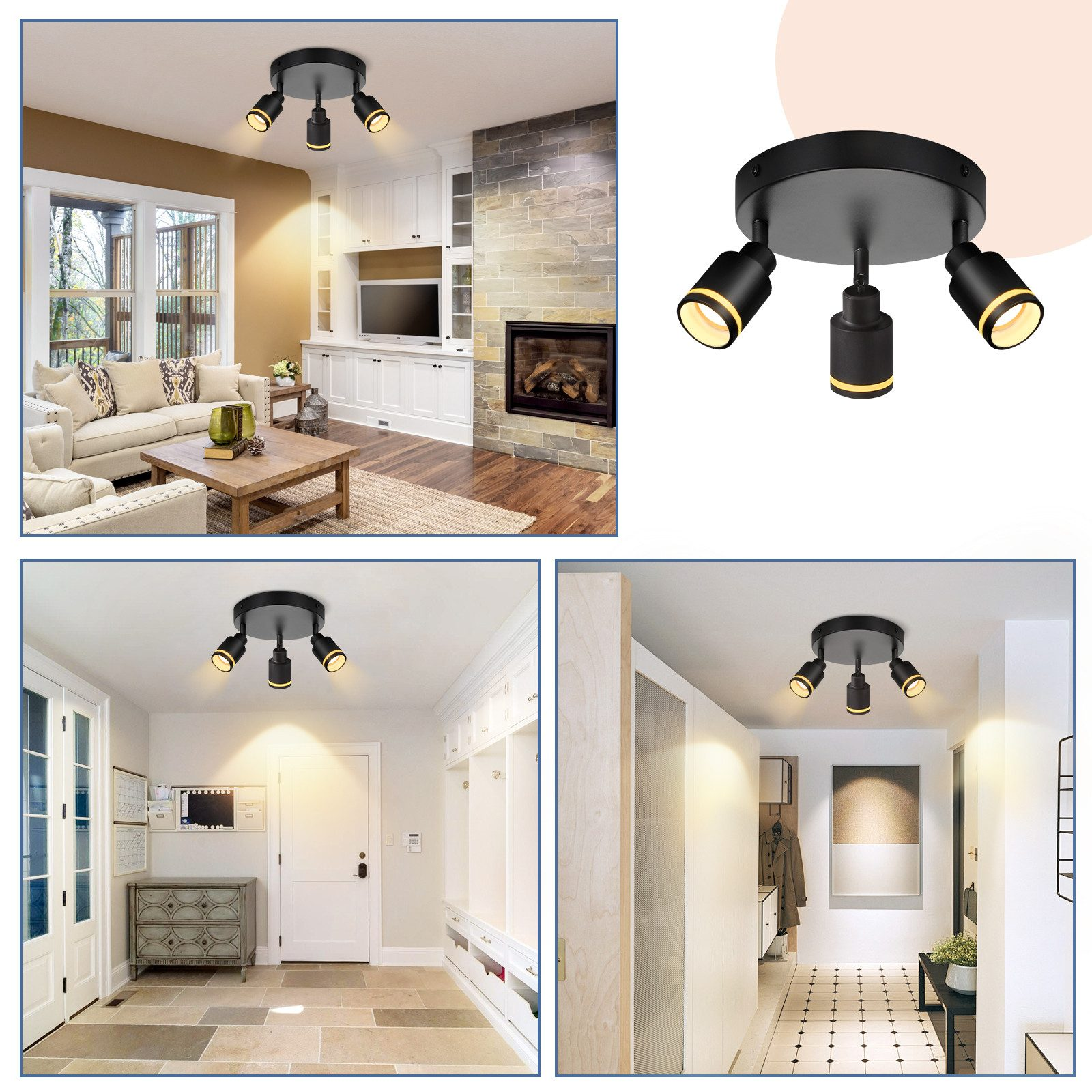 Diverse viste di una lampada da soffitto nera con tre faretti.