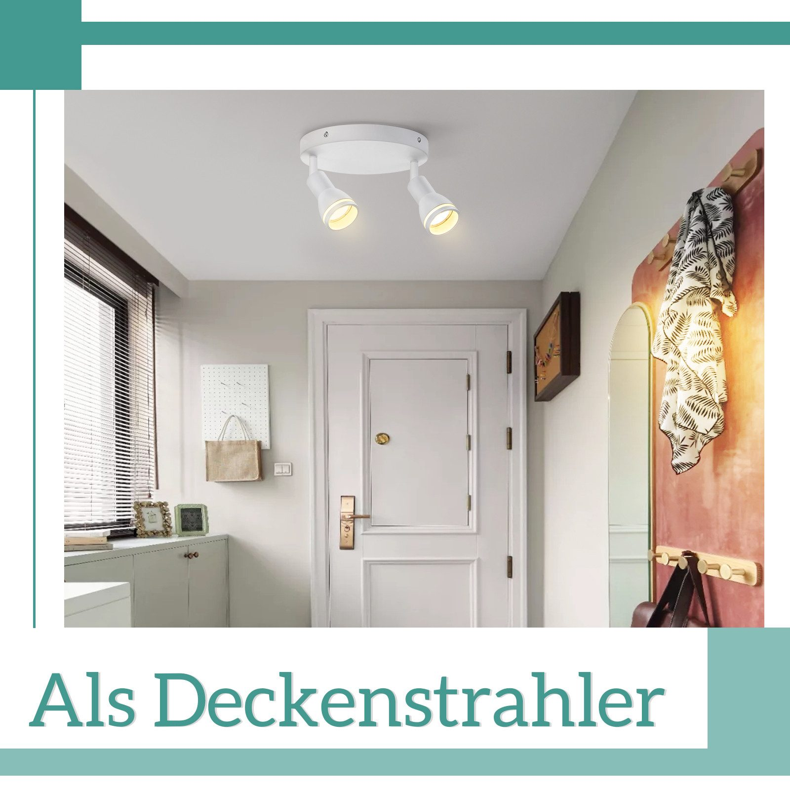 Faretti a soffitto bianchi, due luci, porta bianca e testo: Als Deckenstrahler.