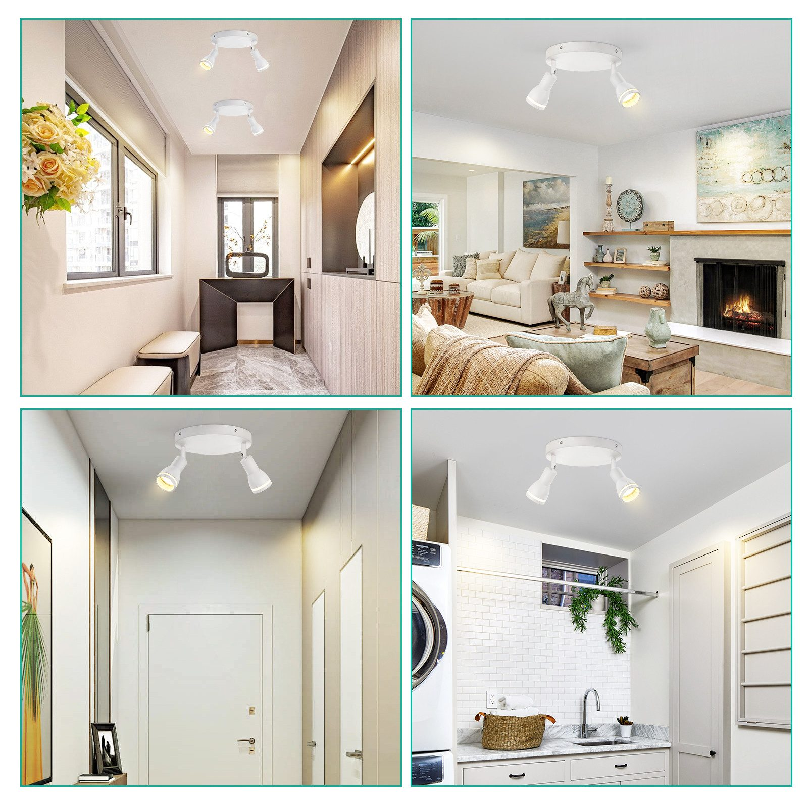 Varie stanze con faretti bianchi a soffitto. Sono mostrati diversi design di interni.