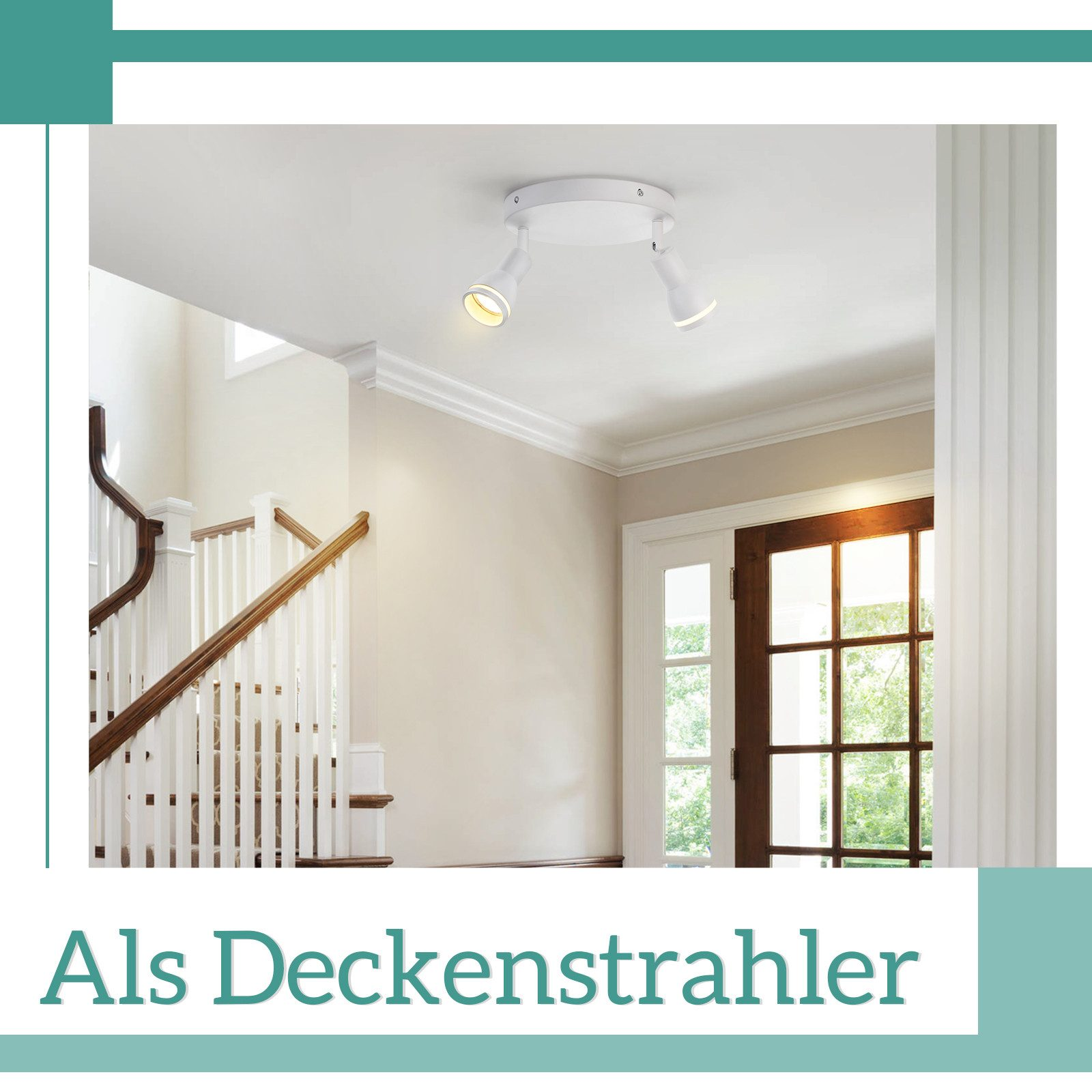 Due faretti bianchi su un soffitto, in un corridoio con scale.