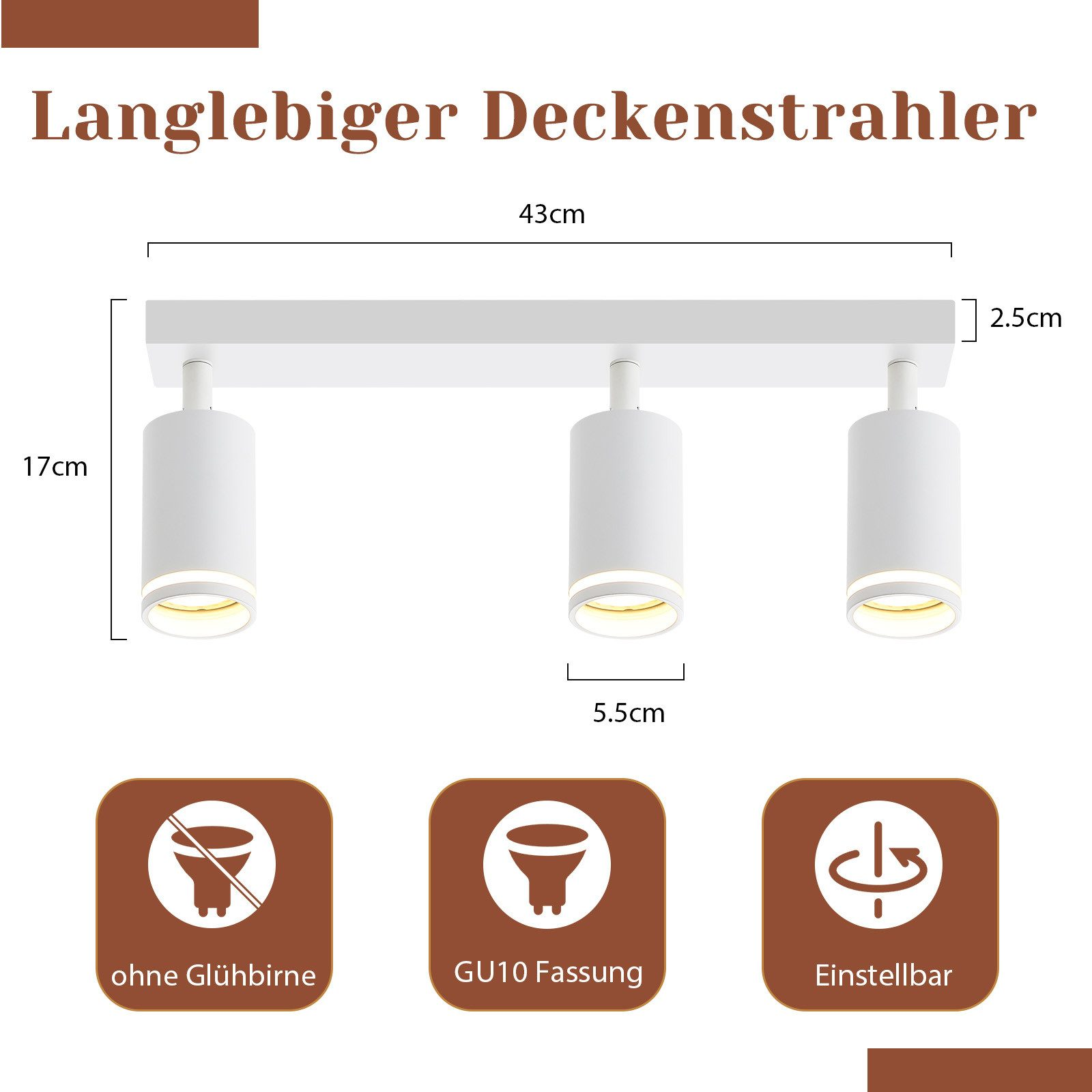 Lampada da soffitto bianca con tre luci cilindriche regolabili. Dimensioni: 43cm lungo, 17cm largo.
