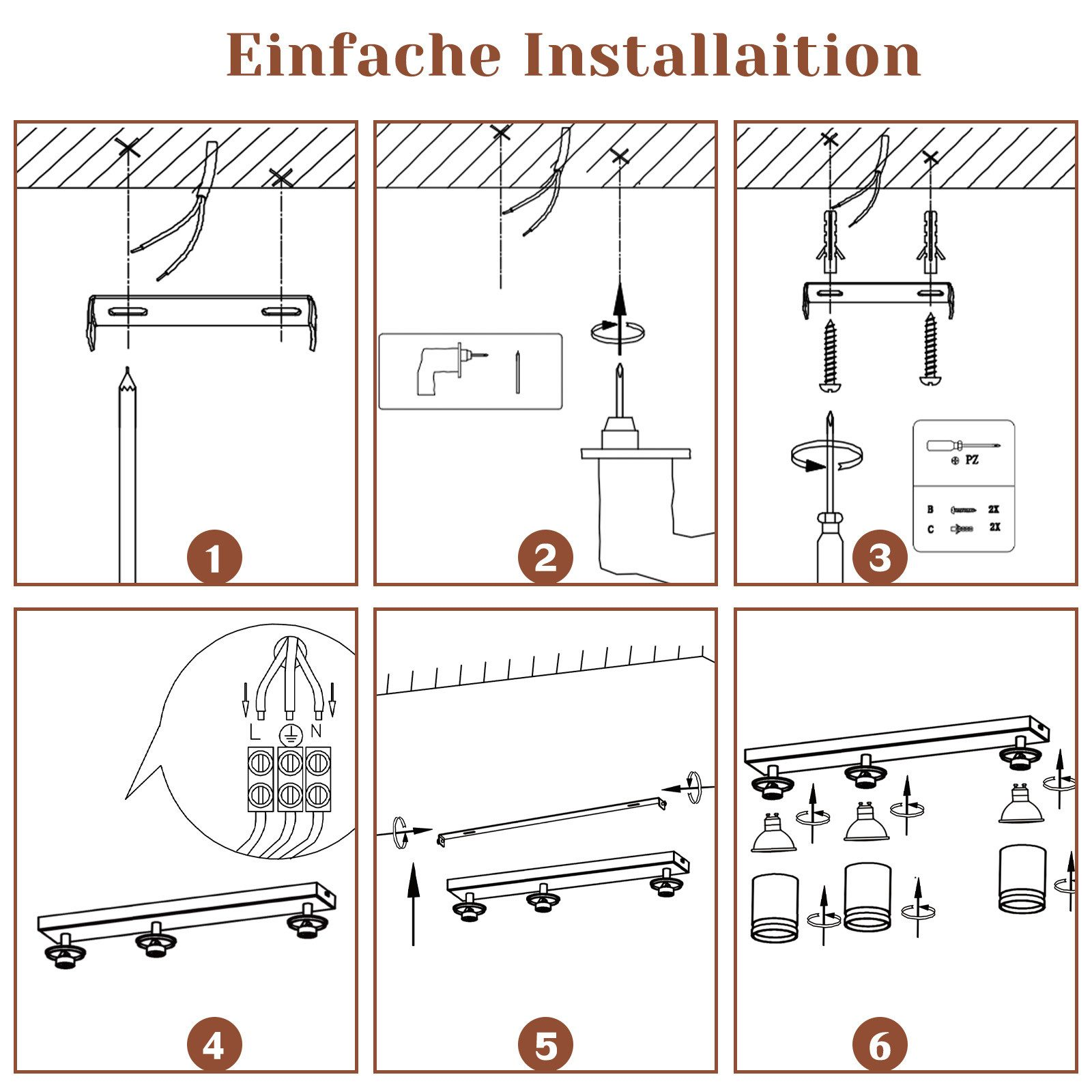 Diagramma in sei fasi che mostra il processo di installazione di un lampadario a soffitto, con istruzioni dettagliate.