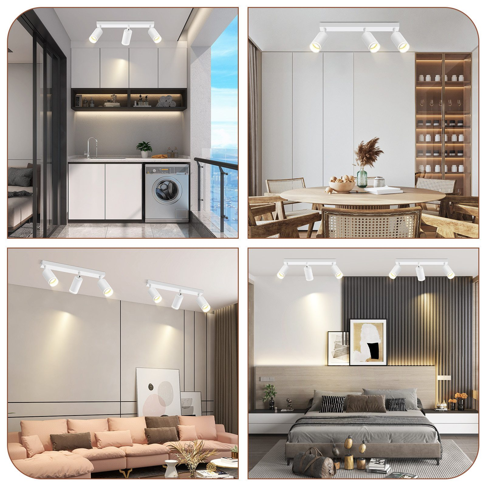 Quattro immagini che mostrano faretti bianchi in diverse ambientazioni domestiche, montati a soffitto.