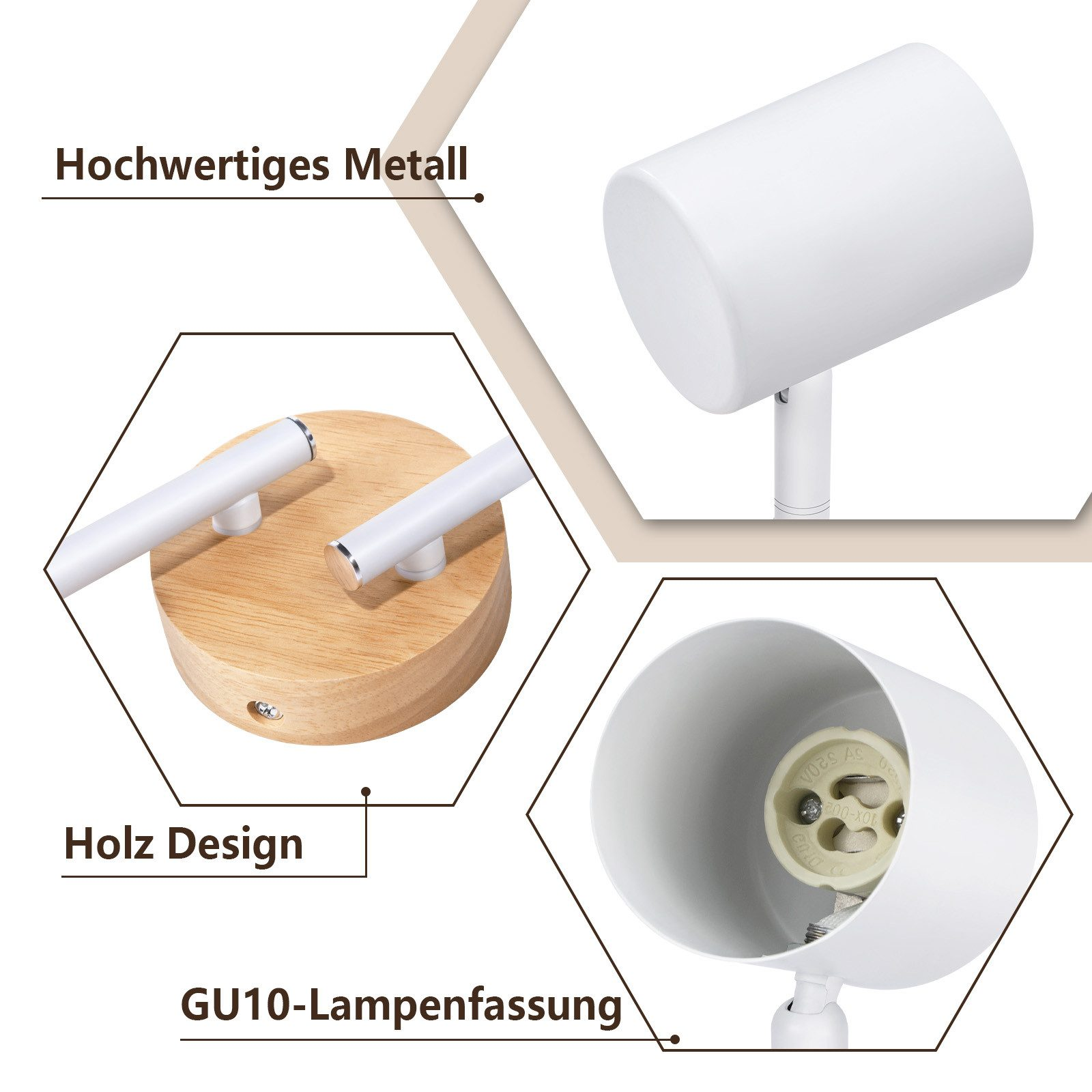 Białe części reflektora, drewniany design i gniazdo lampy GU10 z tekstem: Wysokiej jakości metal.