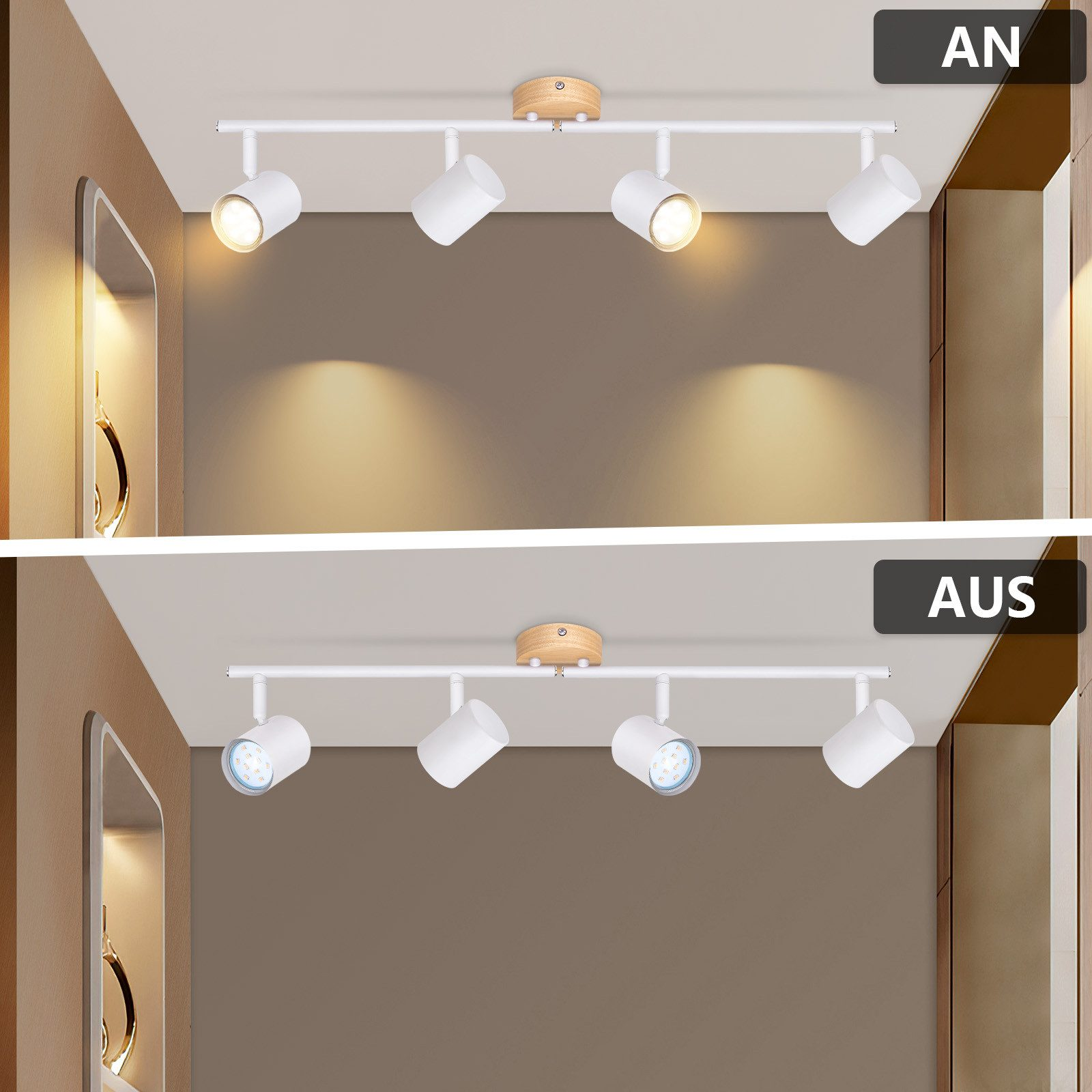 Dwa obrazy pokazują lampę sufitową włączoną i wyłączoną. Ma drewniany akcent i reflektory.