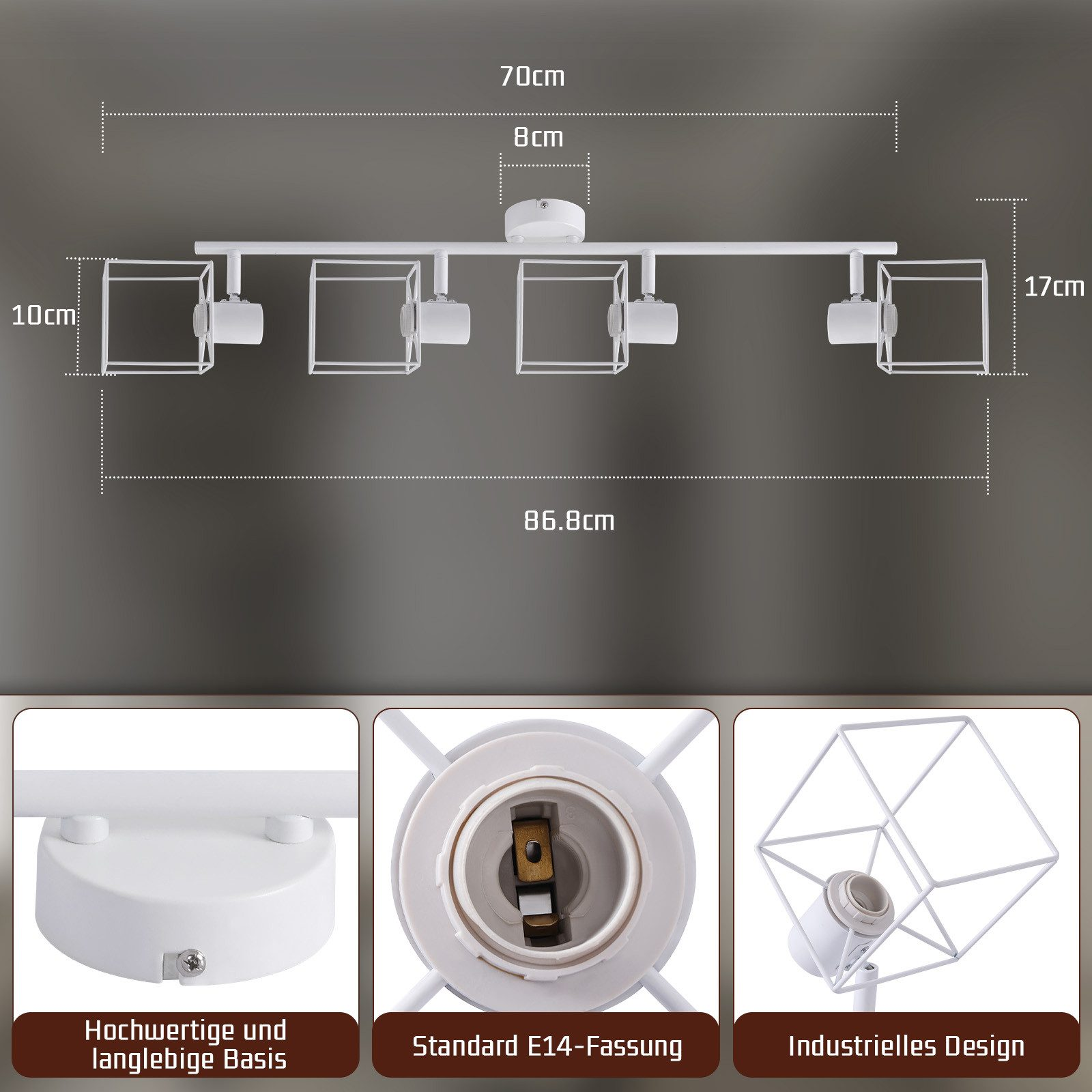 Un apparecchio di illuminazione a soffitto bianco con misure e dettagli ravvicinati della sua base, della luce e del design.