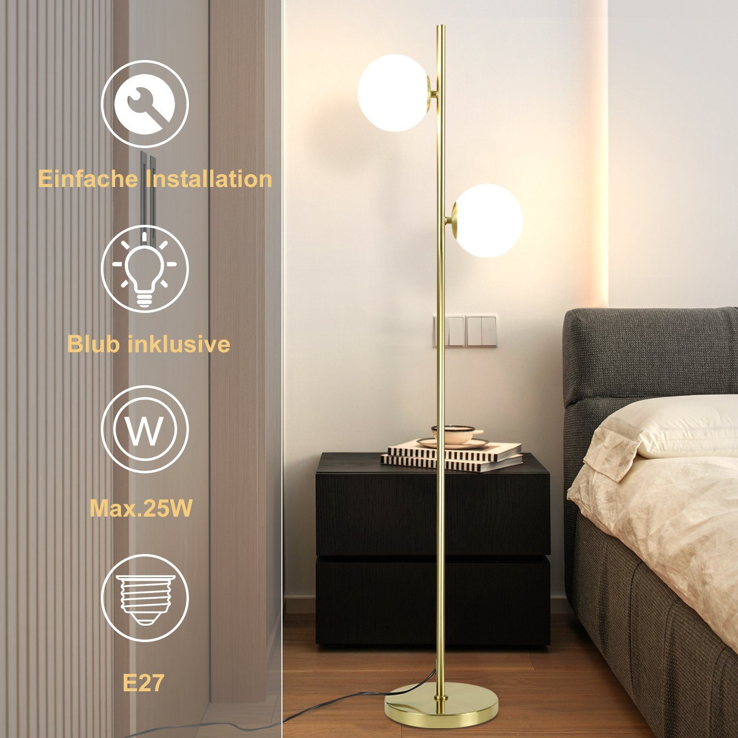 Lampada da terra dorata con due globi luminosi bianchi. Icone per una facile installazione e lampadina inclusa.