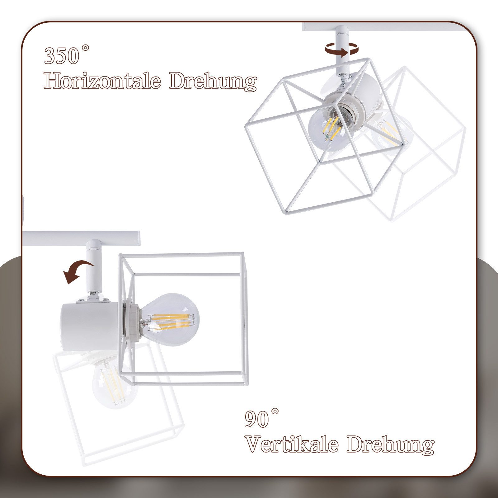 Lampade bianche moderne con testate luminose regolabili che mostrano rotazione orizzontale e verticale.