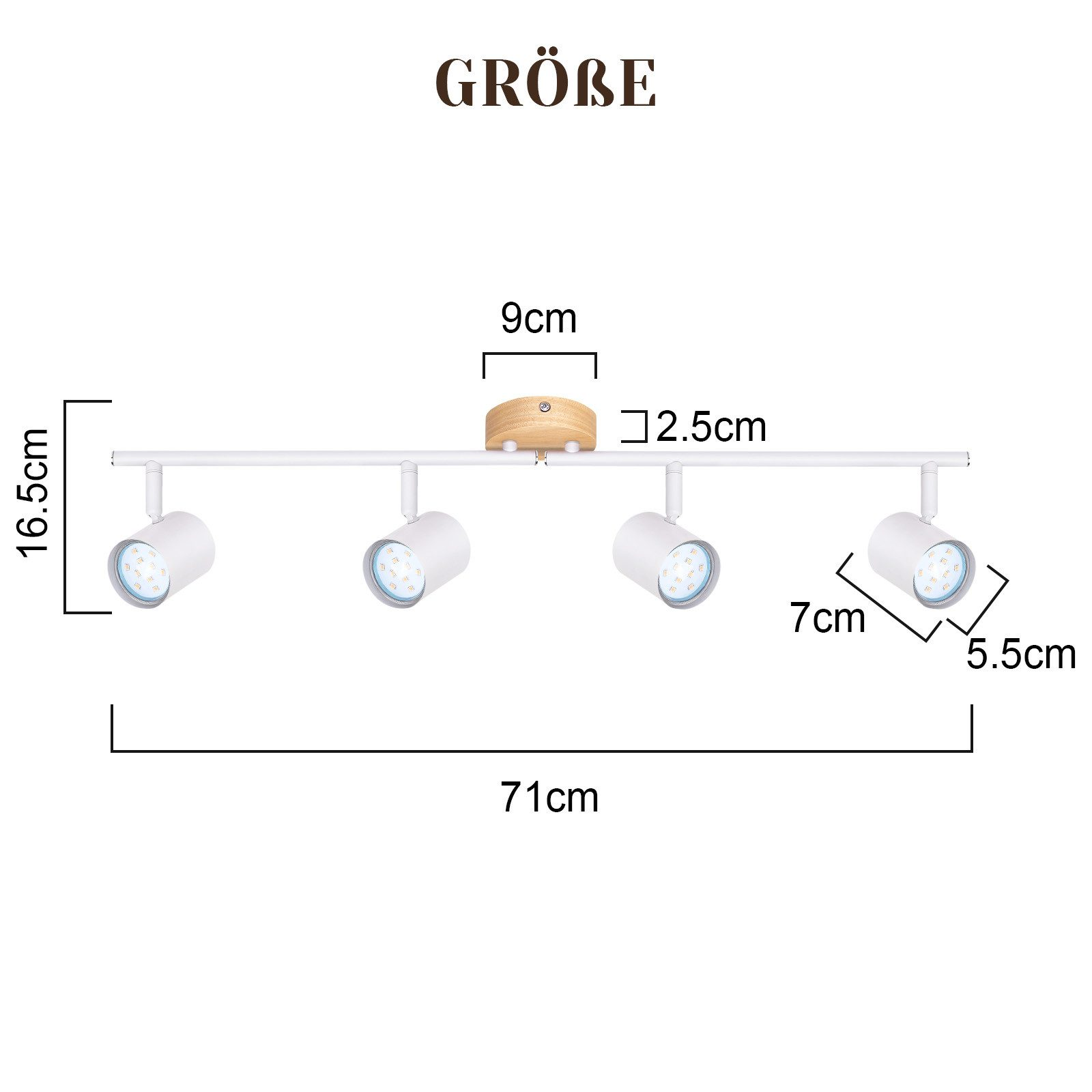 Reflektor z wymiarami i cztery mniejsze światła na szynie.