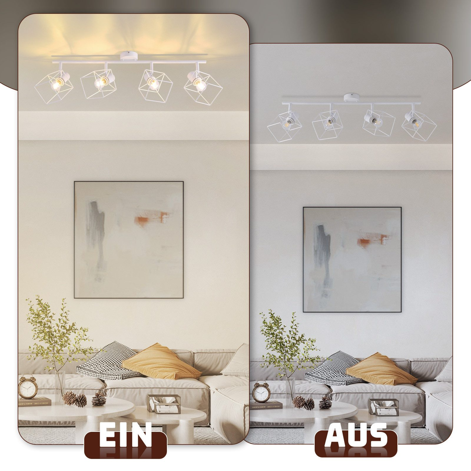 Scena del soggiorno, con luci a soffitto accese e spente. Opere d'arte e mobili visibili.
