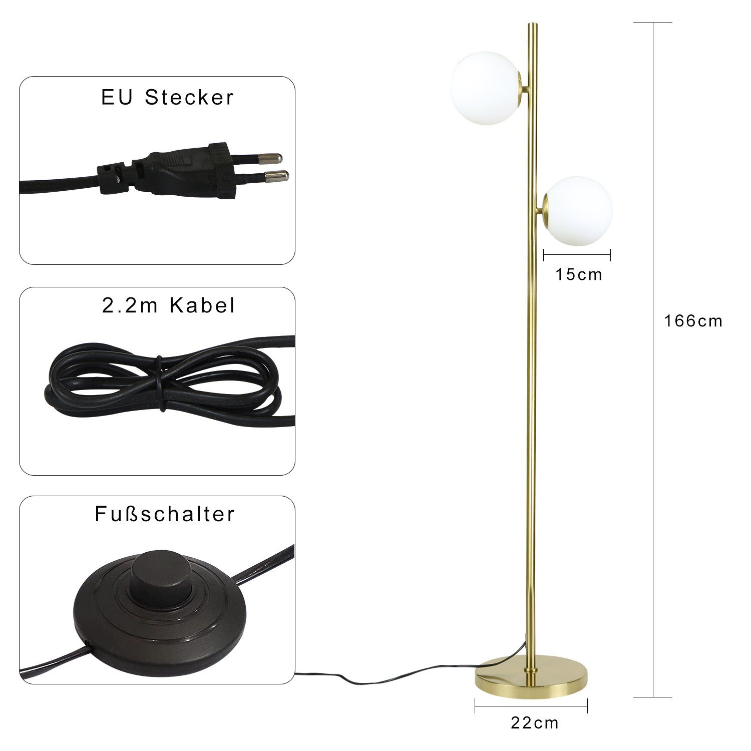 Lampada da terra dorata con due globi bianchi. Ha un cavo nero e un interruttore a pedale.