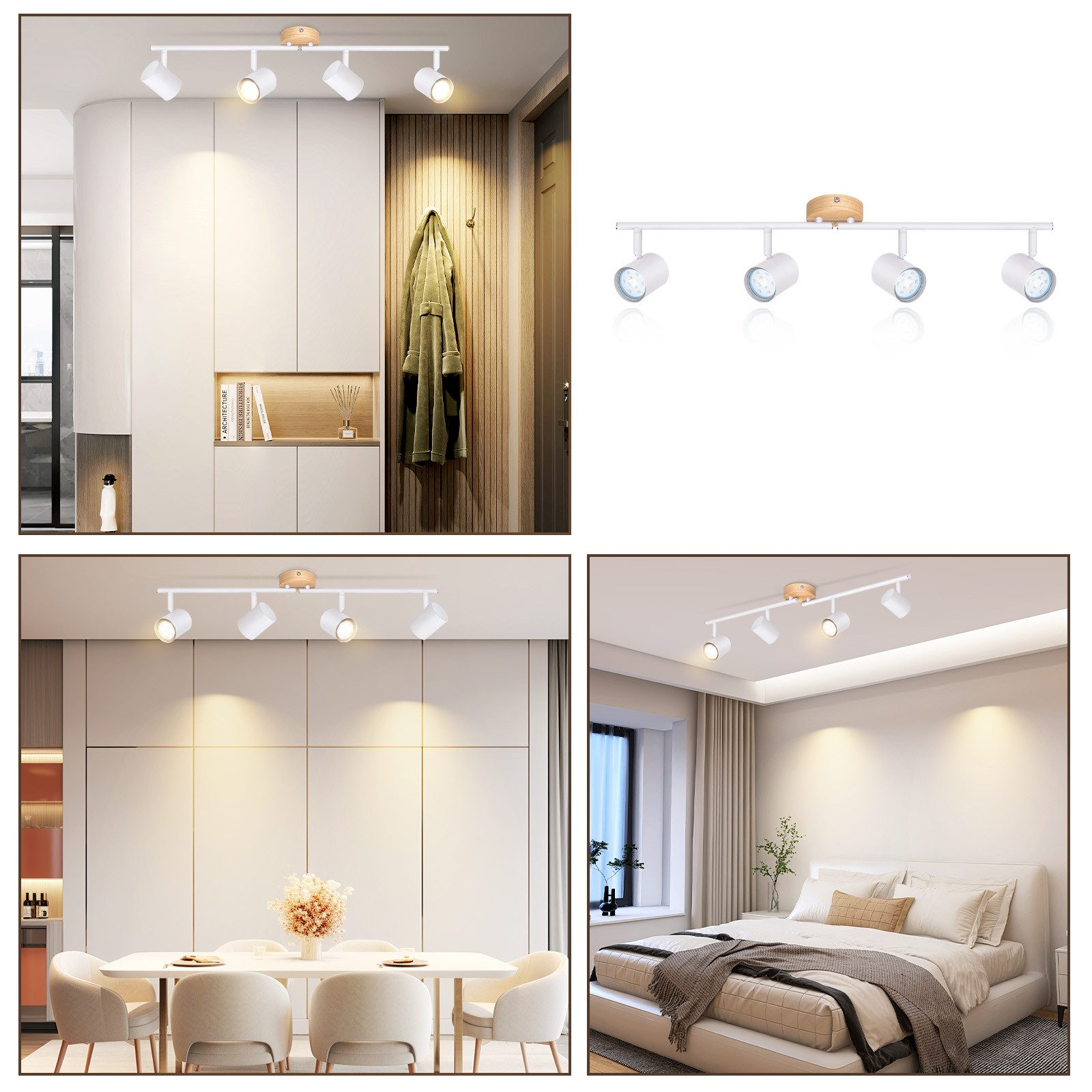 Zestaw obrazów przedstawiających oświetlenie szynowe w różnych ustawieniach pomieszczeń: biuro, kuchnia i sypialnia.