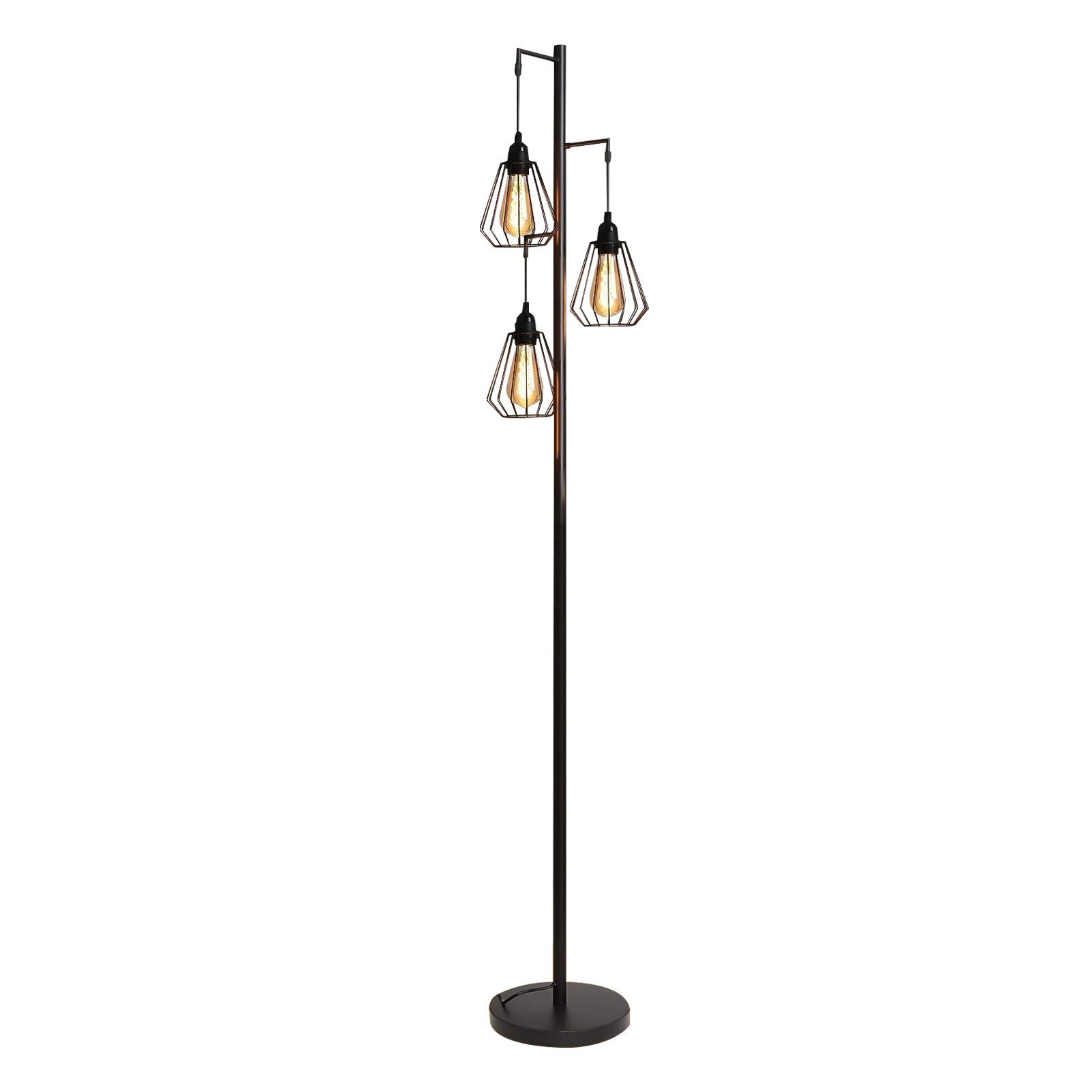 Lampada da terra con tre luci a sospensione con paralumi a gabbia metallica. Struttura nera, sfondo bianco.