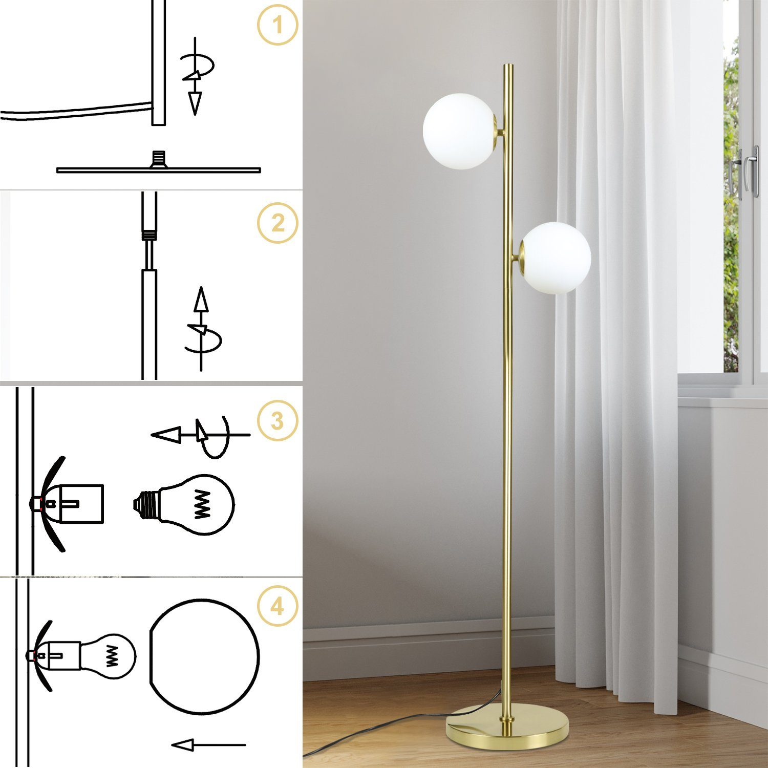 Una lampada da terra dorata con due luci a globo bianco e un diagramma che mostra i passaggi di montaggio.