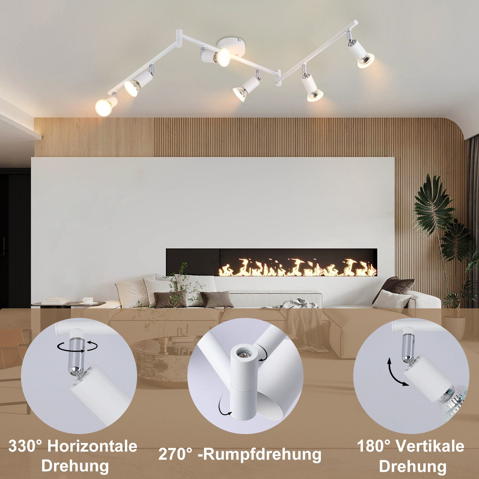 Lampade da soffitto bianche con più faretti. La luce è su uno sfondo bianco.