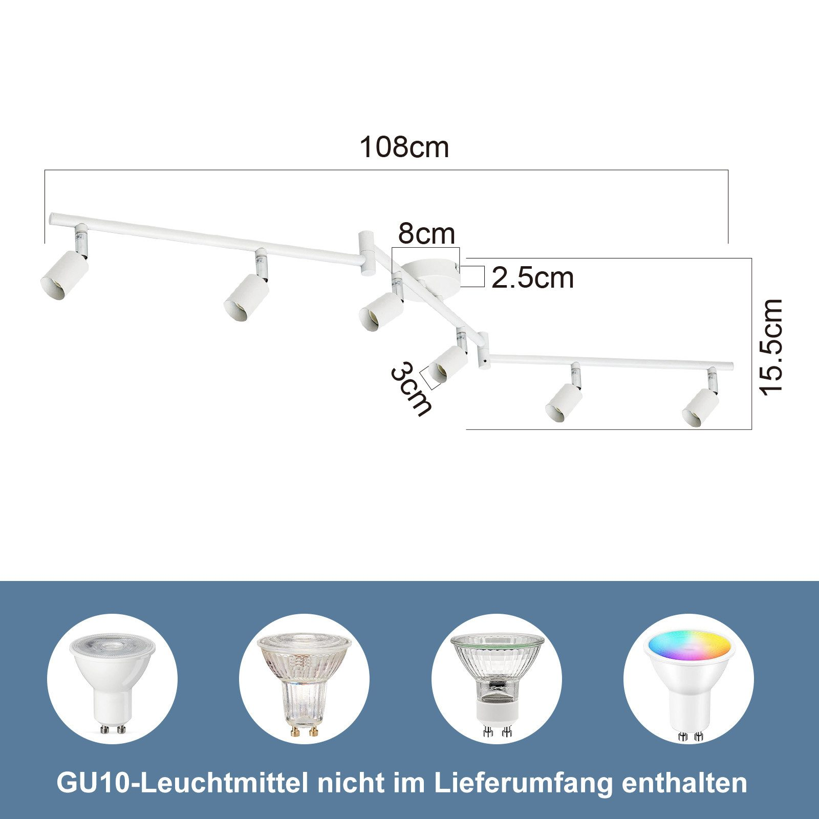 Un sistema di illuminazione a binario bianco con quattro faretti. Le dimensioni e i tipi di lampadine GU10 sono indicati.