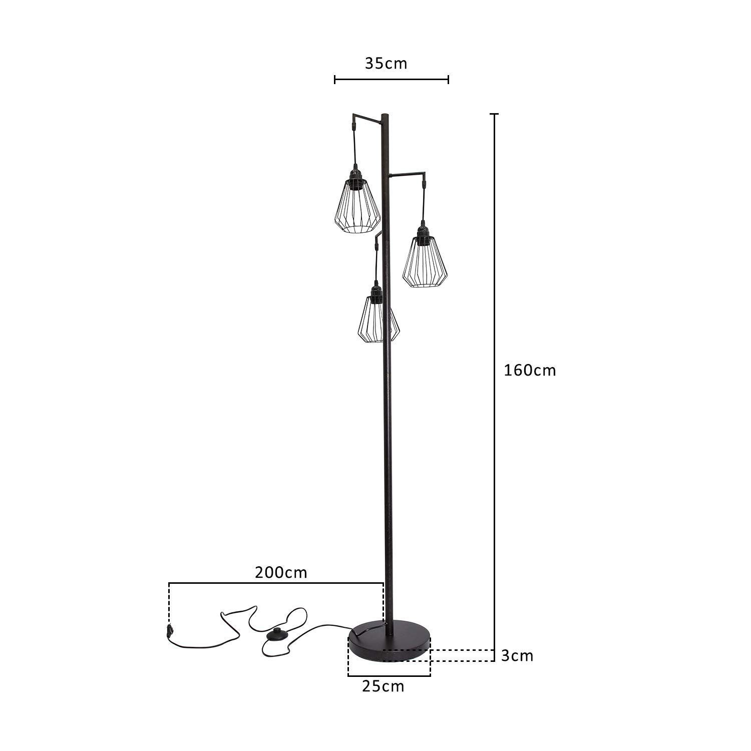Lampada da terra nera con tre luci a sospensione, dimensioni etichettate. Una base nera e sfondo bianco.