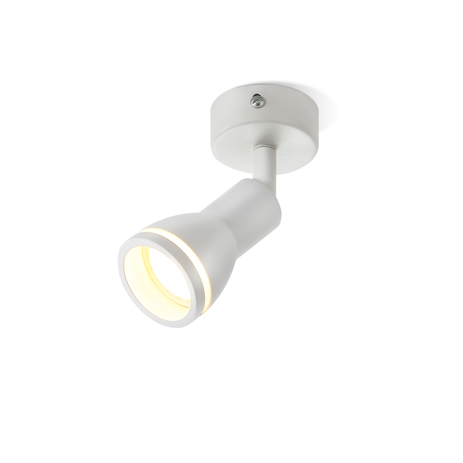 Faretto bianco con design curvo e anello interno bianco. Sfondo bianco.