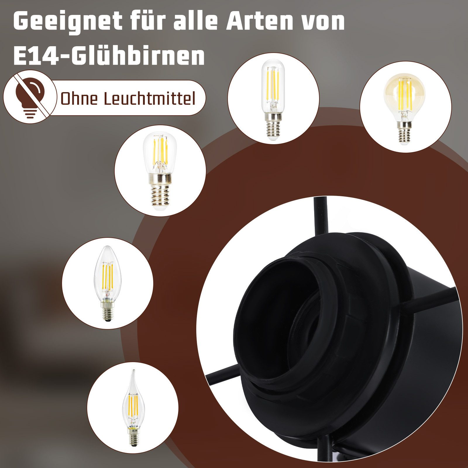 L'immagine mostra varie lampadine E14 e un alloggiamento nero per lampada, con testo sulla compatibilità.