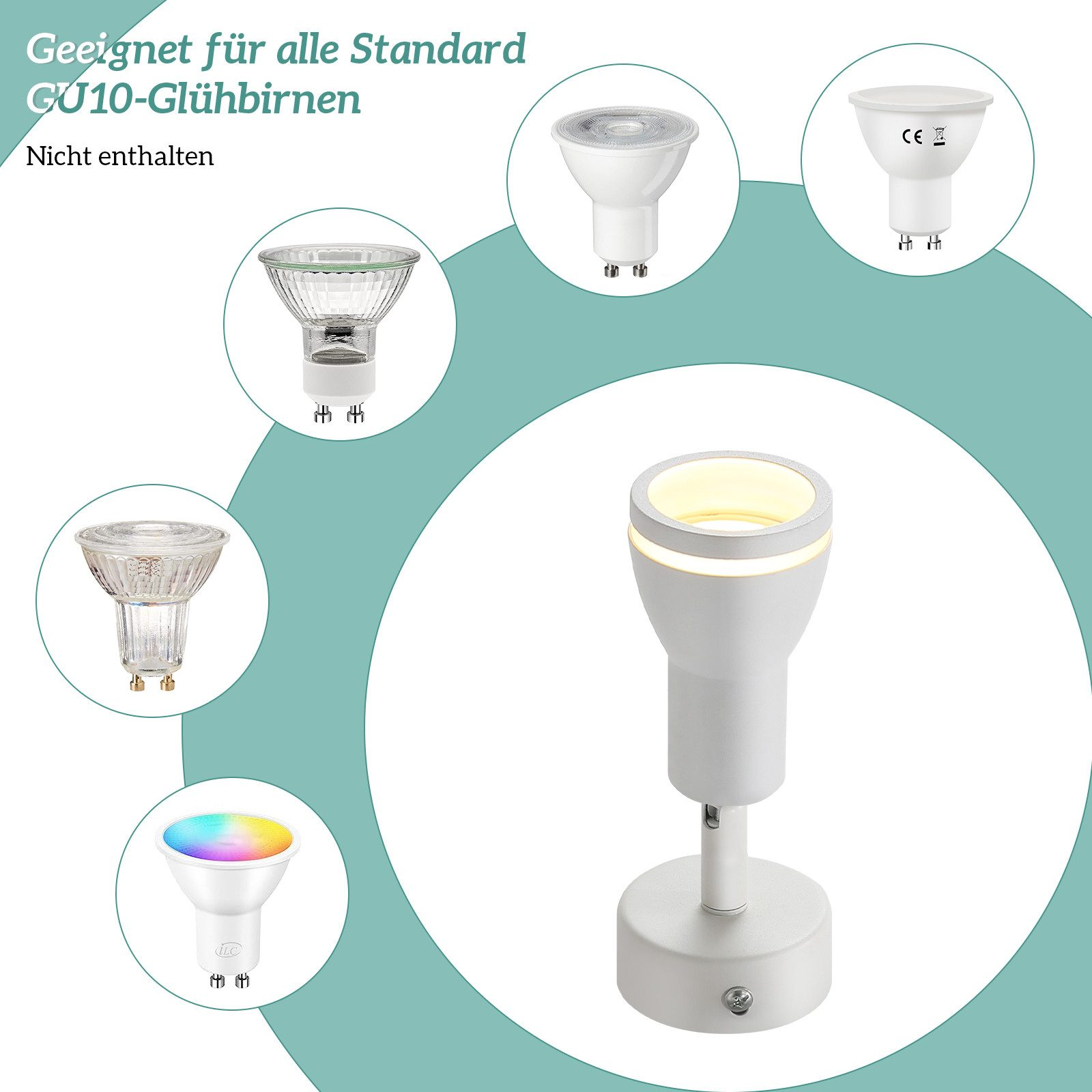 Una lampada bianca con una singola lampadina. Varie lampadine GU10 sono visualizzate intorno alla lampada. Testo in tedesco.