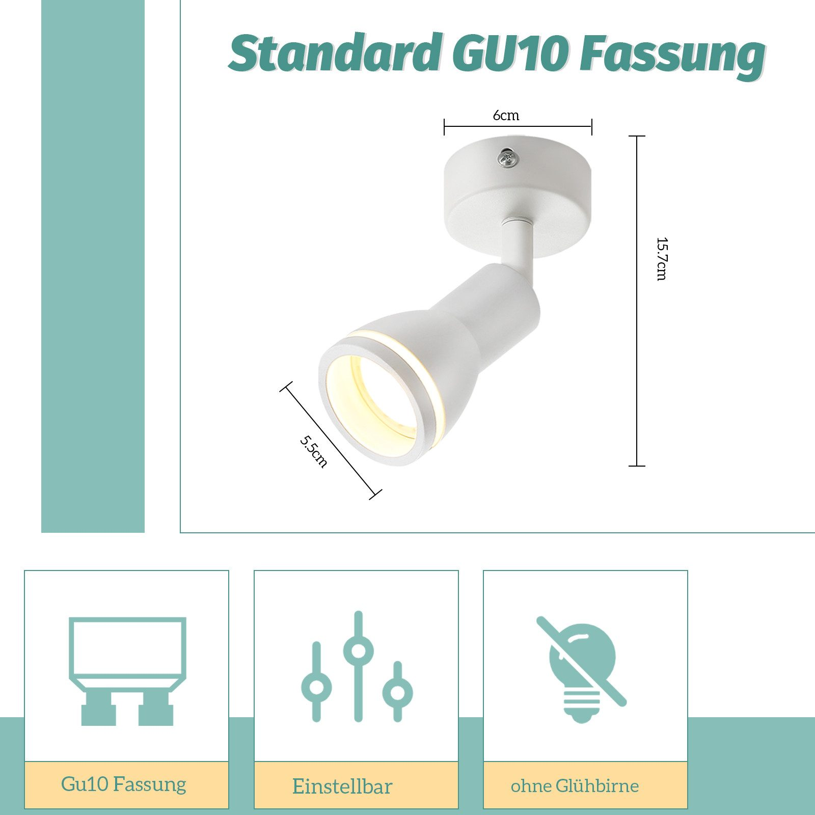 Faretto bianco con dimensioni e icone per attacco GU10 e regolabile e senza lampadina.
