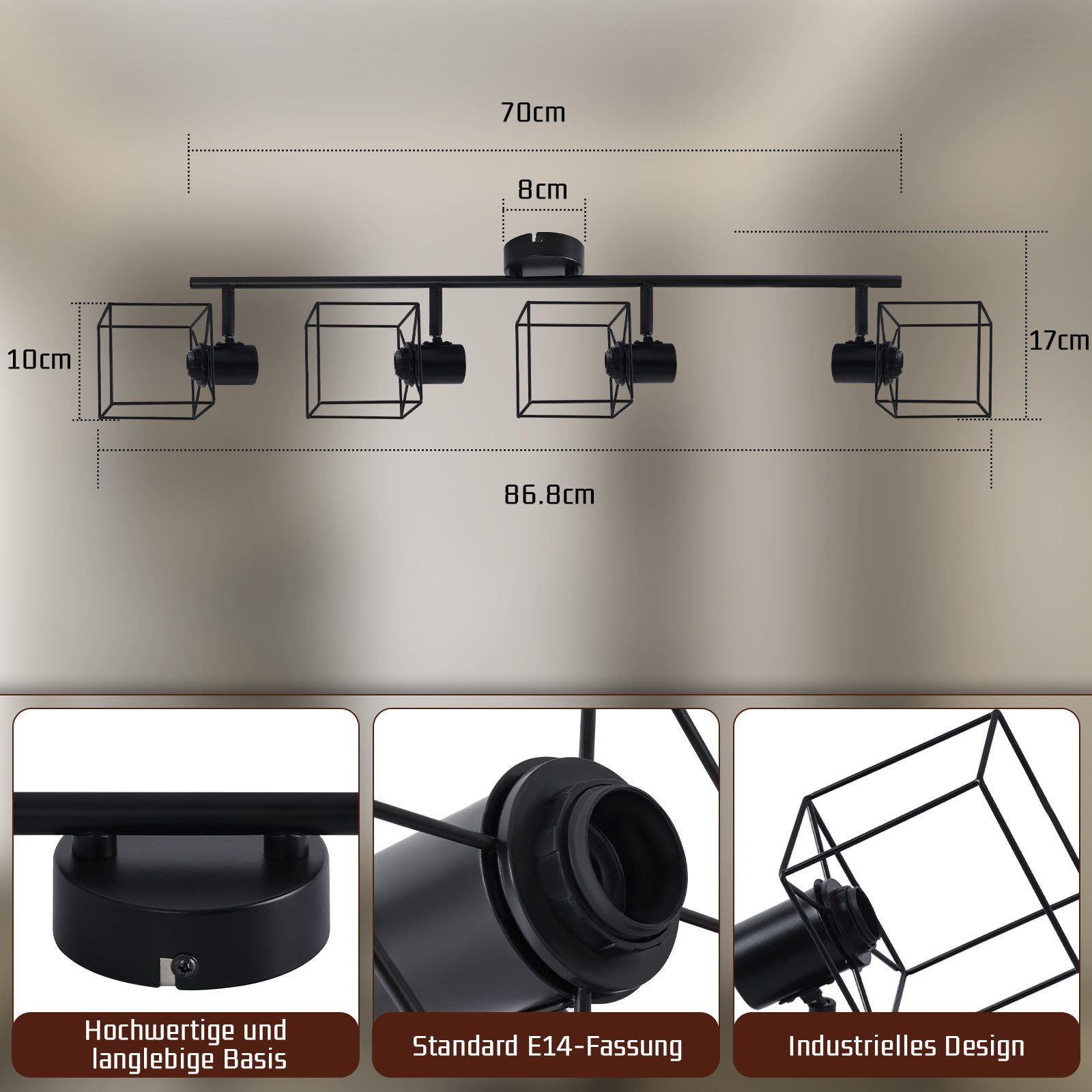 Lampada da soffitto nera con quattro lampade, con misure e parti etichettate.