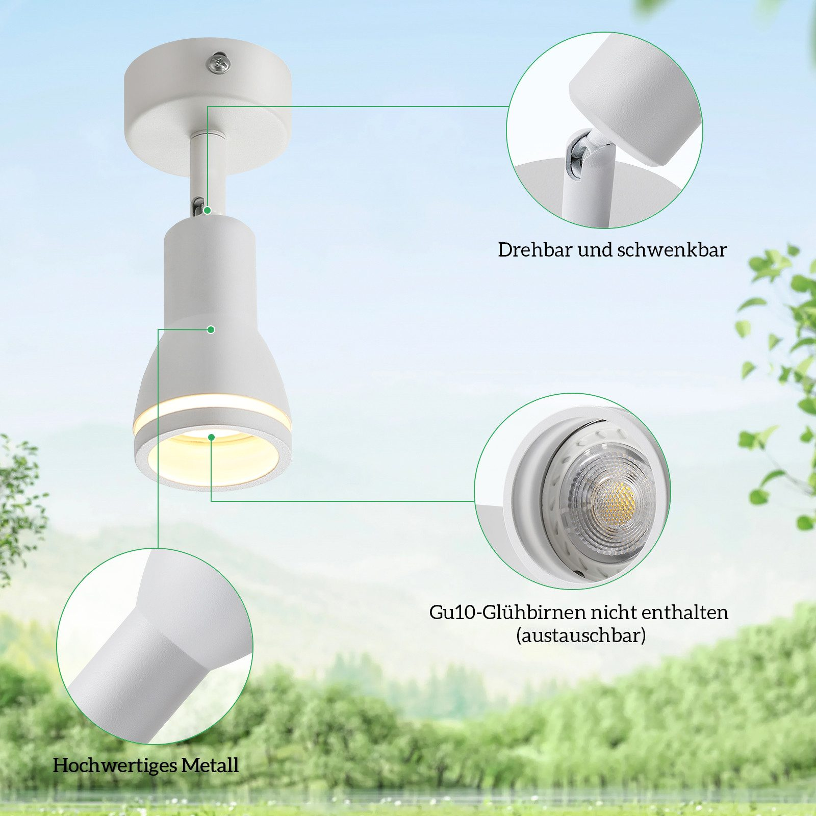 Faretto bianco con base rotonda. Il faretto è contro uno sfondo sfocato di fogliame verde.