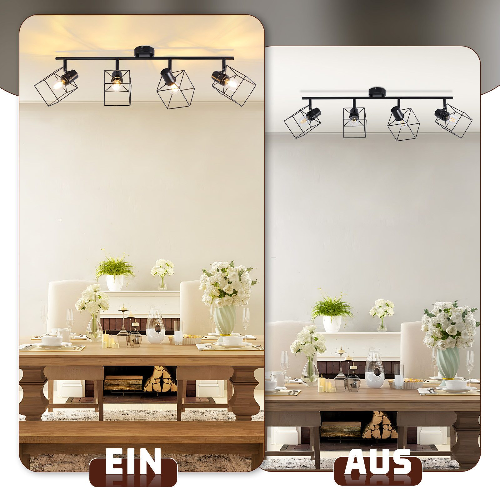 Due immagini di una sala da pranzo con una lampada da soffitto, accesa e spenta.