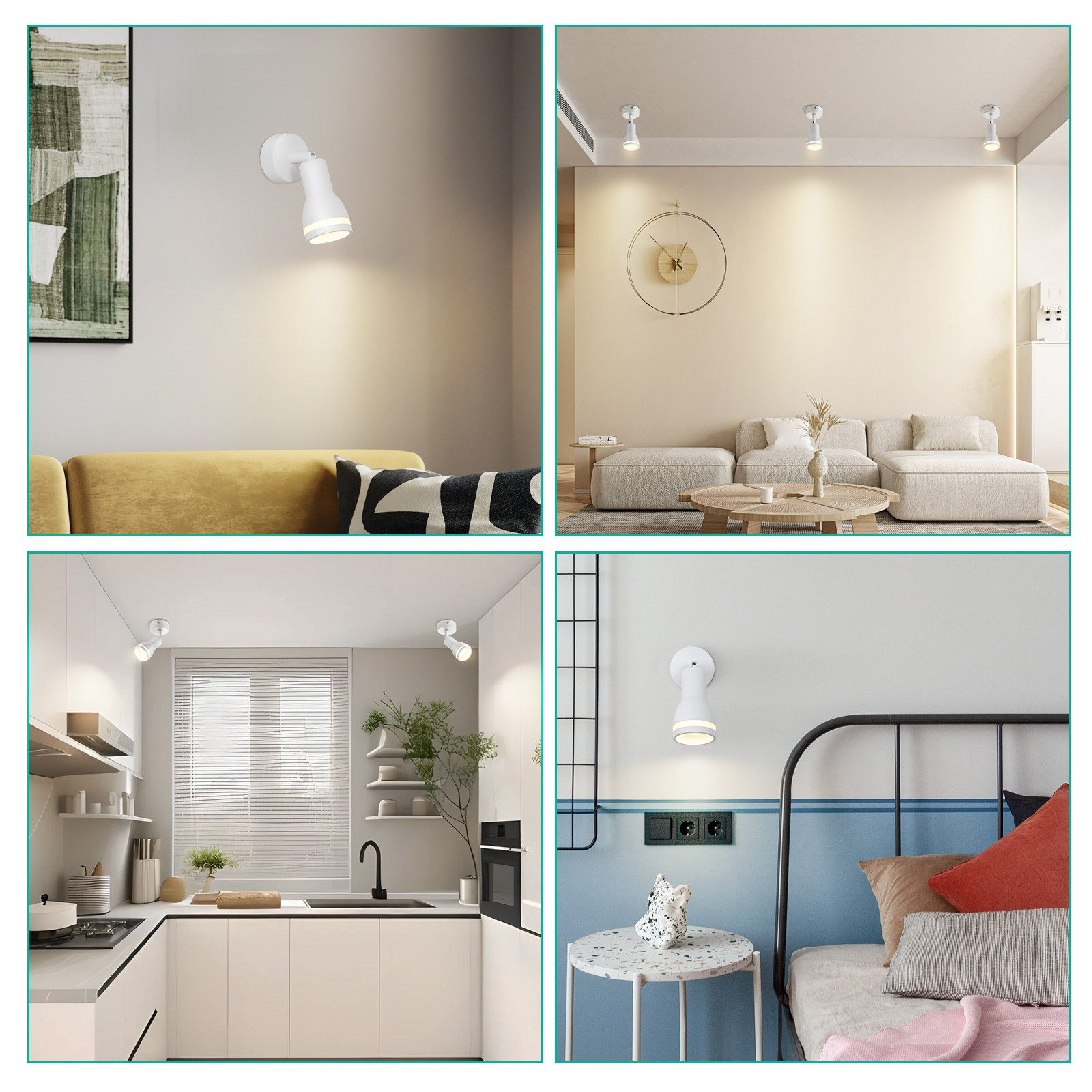 Vier Bilder von weißen Strahlern in verschiedenen Räumen: Wohnzimmer, Küche, Schlafzimmer und Wand.