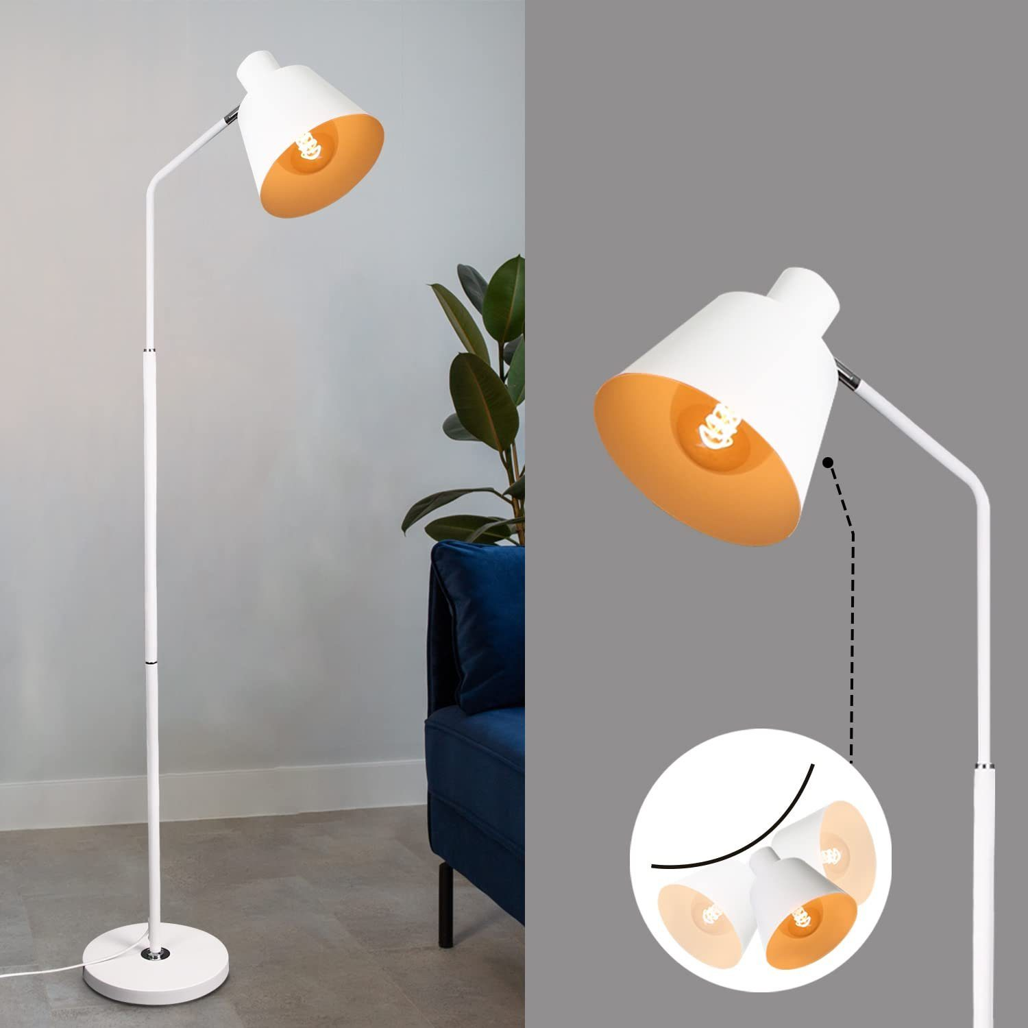 Eine weiße Stehlampe mit goldfarbenem Innenraum, mit blauem Sofa im Hintergrund.