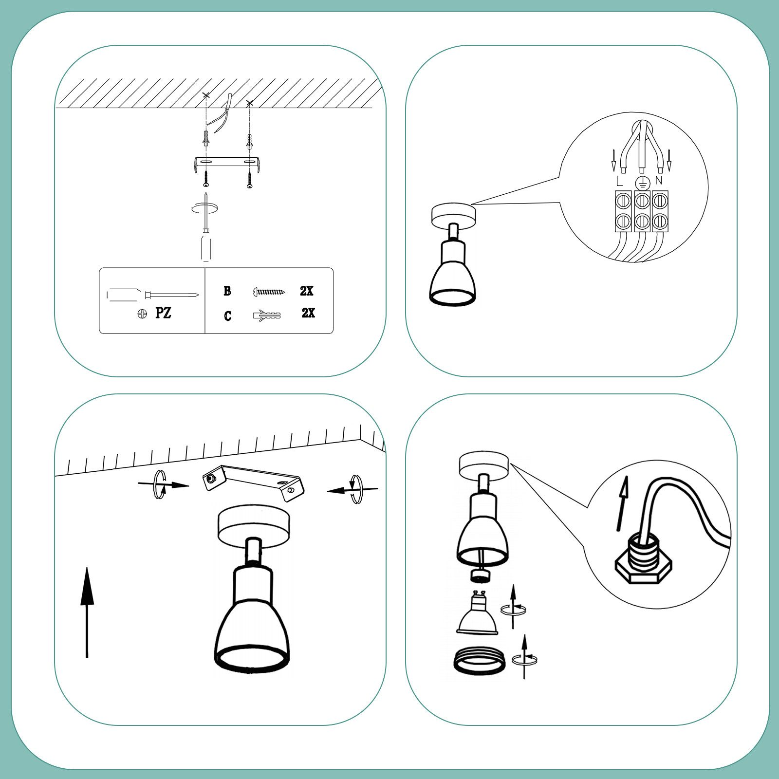 Schema che mostra i passaggi di installazione di una lampada da soffitto. Gli strumenti e le viti sono elencati accanto allo schema.