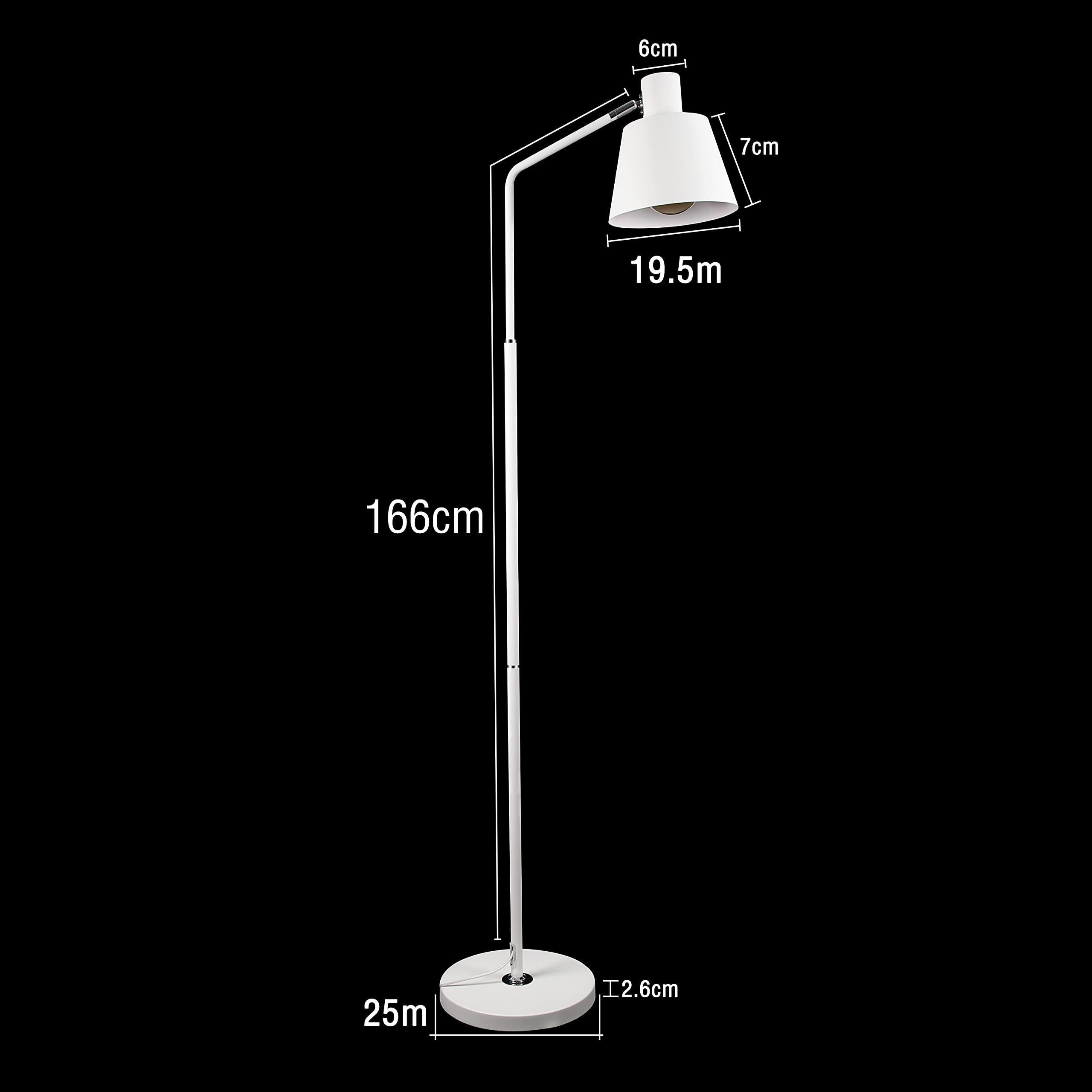 Eine weiße Stehlampe mit Maßangaben vor schwarzem Hintergrund.