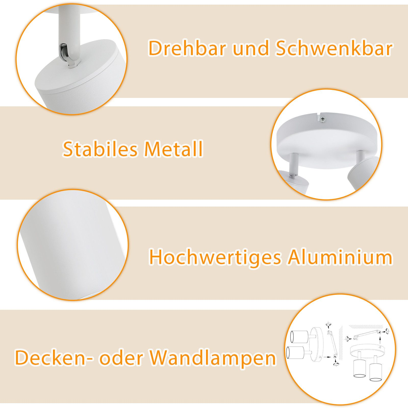 Primo piano dei componenti dei faretti bianchi. Testo: `Drehbar und Schwenkbar`, `Stabiles Metall`, `Hochwertiges Aluminium`.