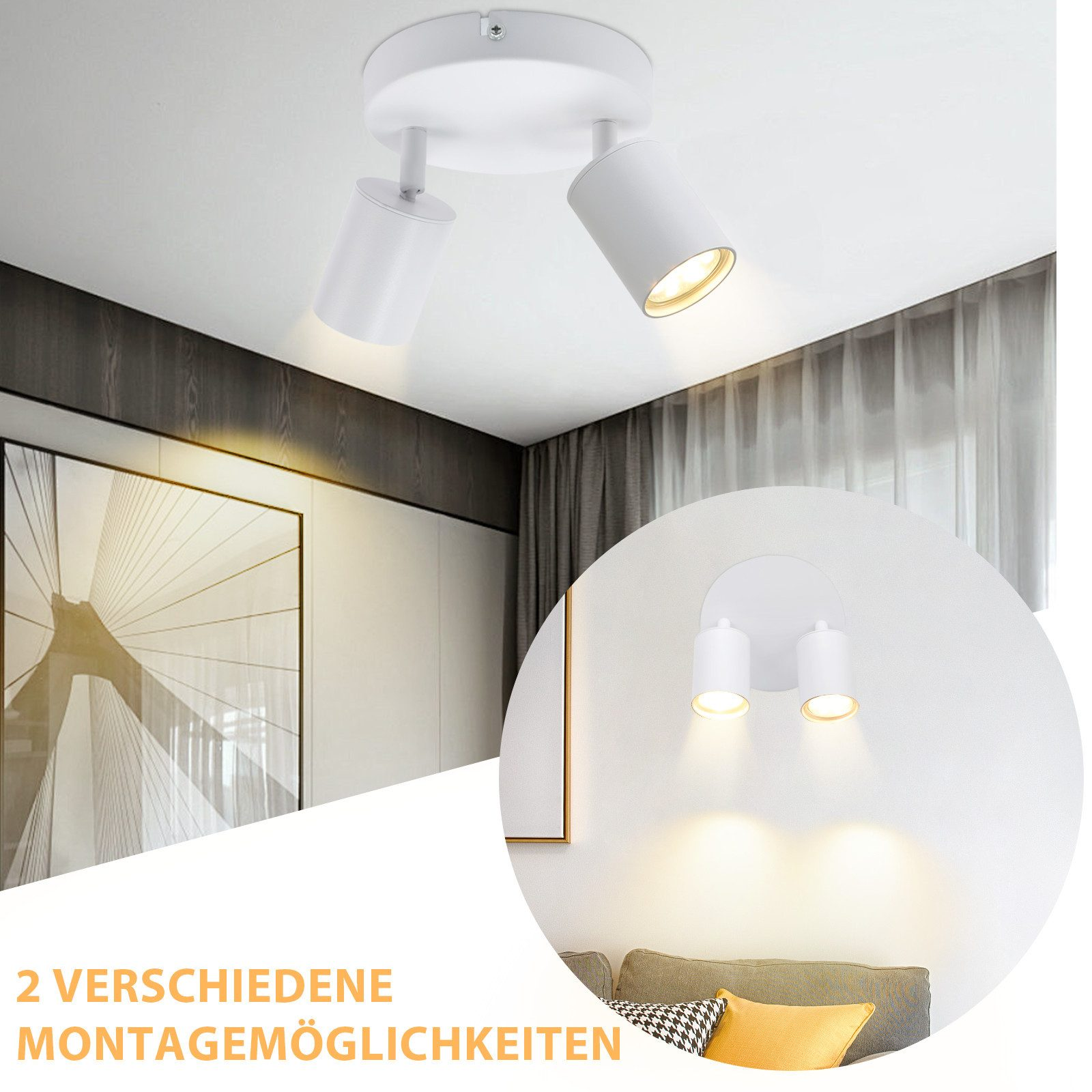 Faretti da soffitto bianchi. Un'immagine mostra due faretti, l'altra una luce.