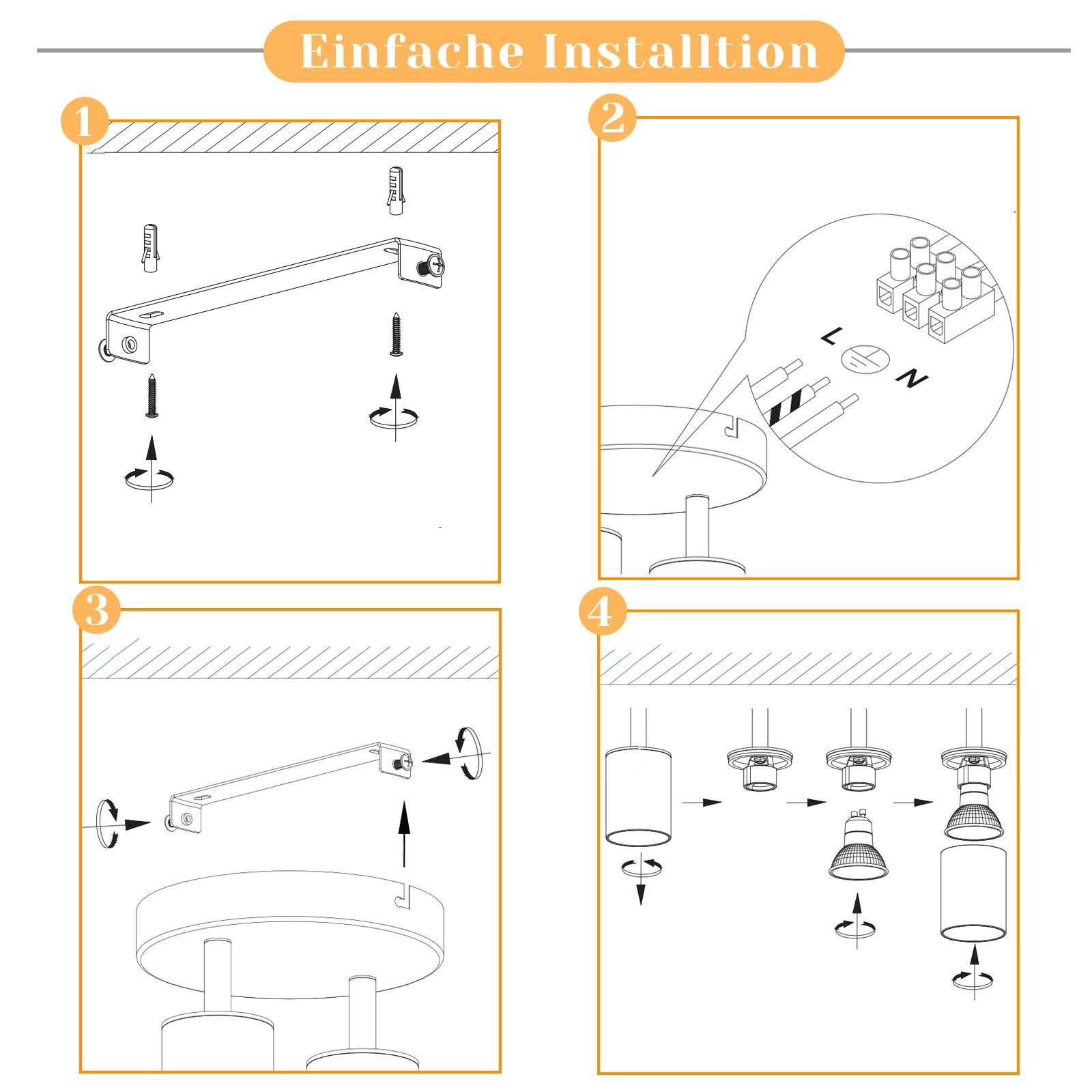 Diagramma che mostra i passaggi per installare un lampada da soffitto.