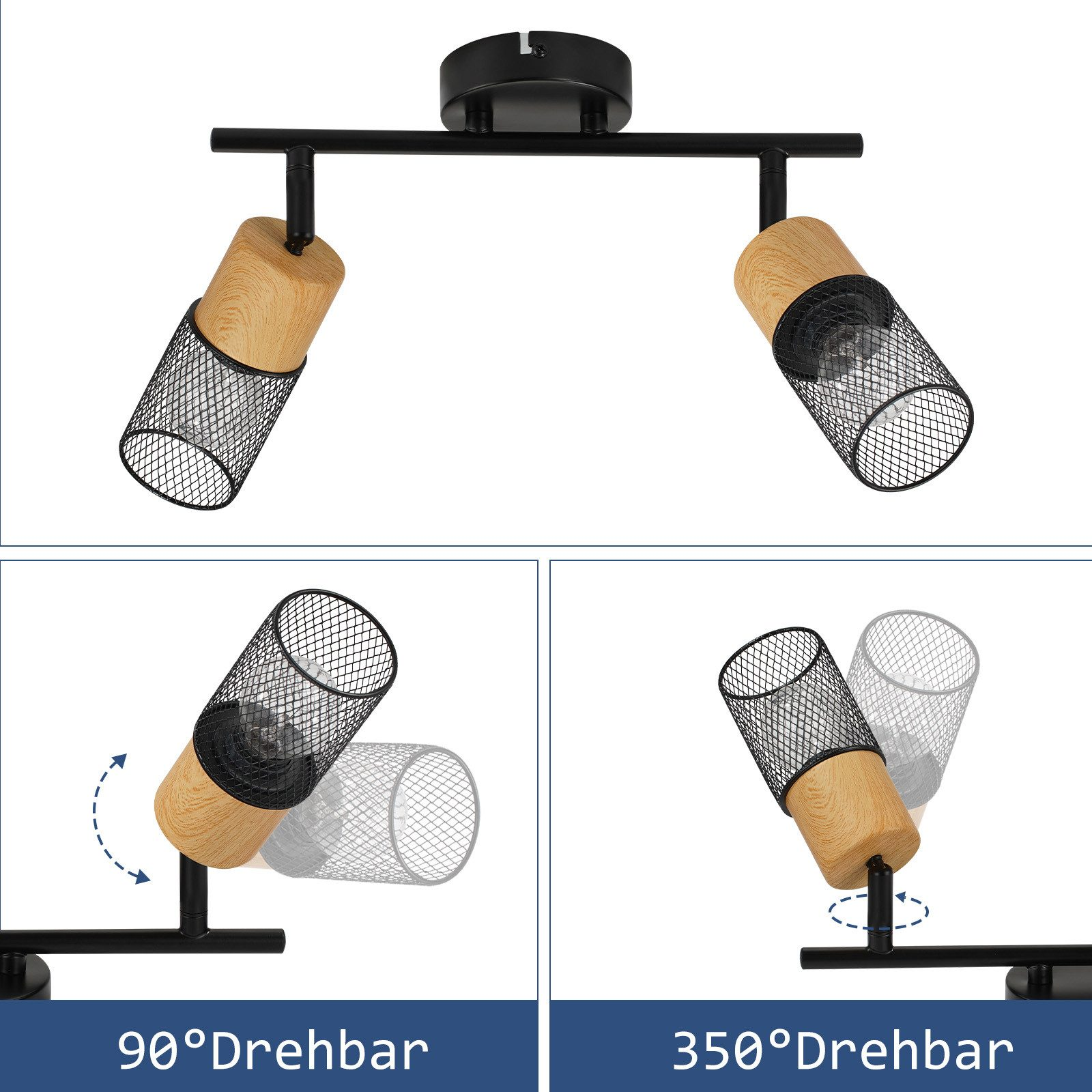 Dwa reflektory z detalami drewnianymi i siatkowymi. Mogą obracać się o 90 i 350 stopni.