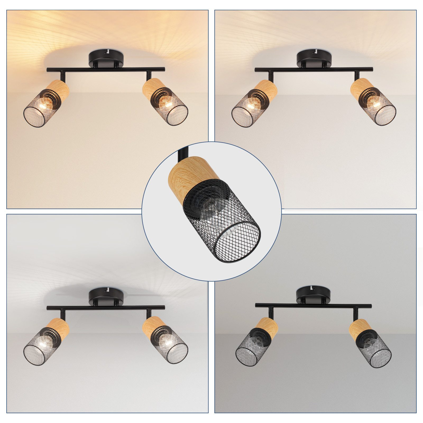 Cztery zdjęcia pokazują lampę szynową z regulowanymi reflektorami. Światła są pokazywane w różnych ustawieniach.