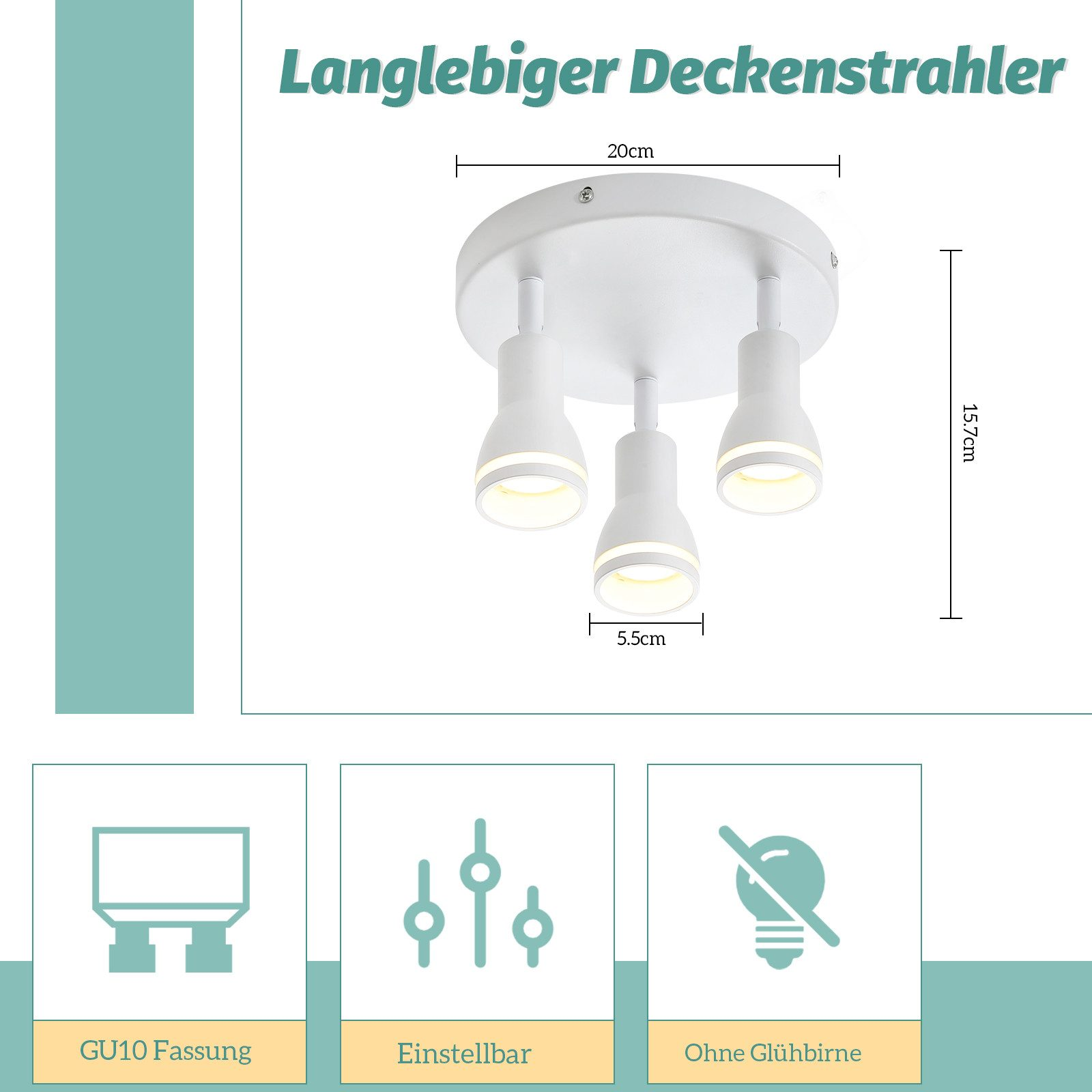 Faretti da soffitto bianchi con dimensioni e icone per attacco GU10, regolabile e senza lampadina.