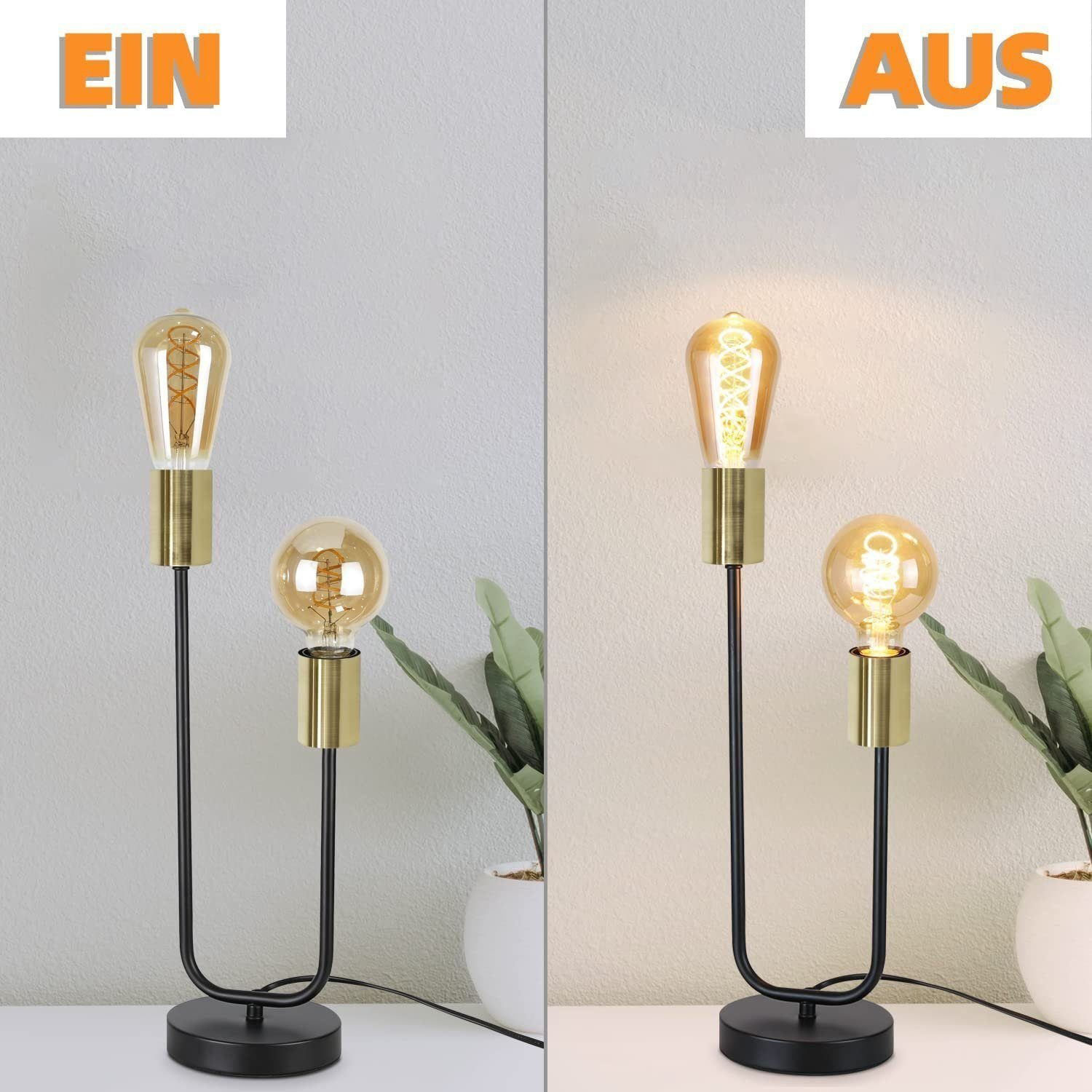 Dwie lampy stołowe. Jedna wyłączona, druga włączona. Tekst mówi 'EIN' i 'AUS'.