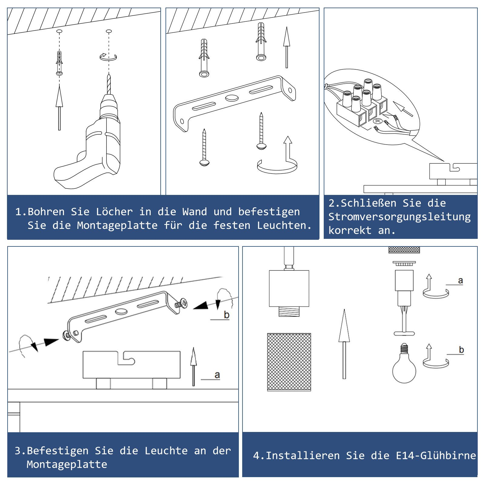 Instrukcje krok po kroku dotyczące montażu oprawy oświetleniowej na suficie, w tym wiercenie i okablowanie.