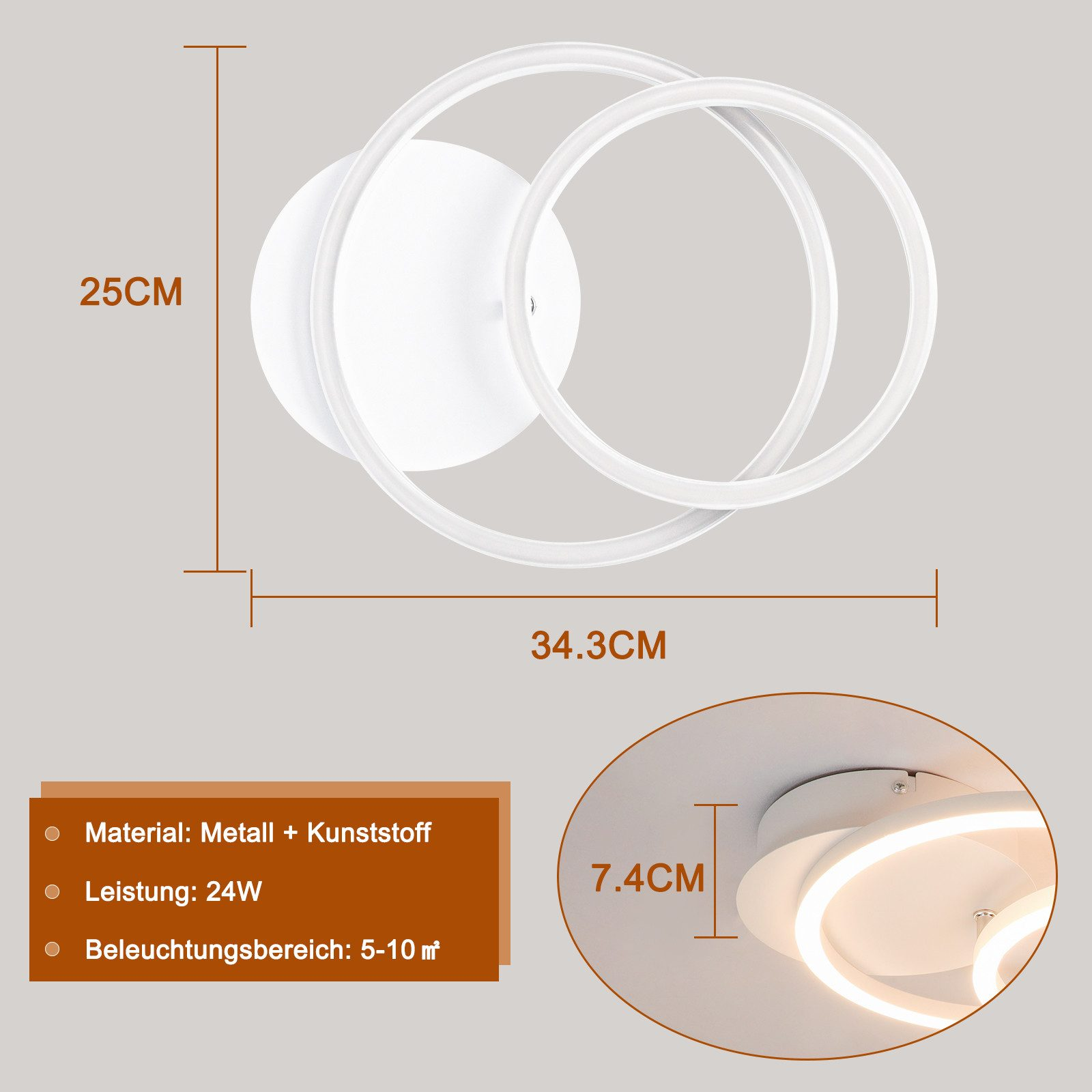 Una lampada da parete circolare bianca con due anelli, con dimensioni di 25 cm x 34,3 cm e un testo.