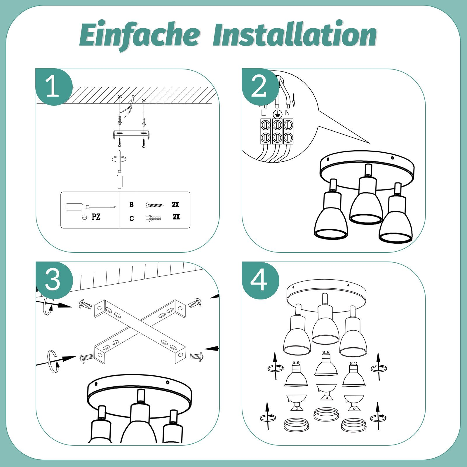 Schema di installazione di una plafoniera, che mostra i passaggi da 1 a 4 per un facile montaggio.