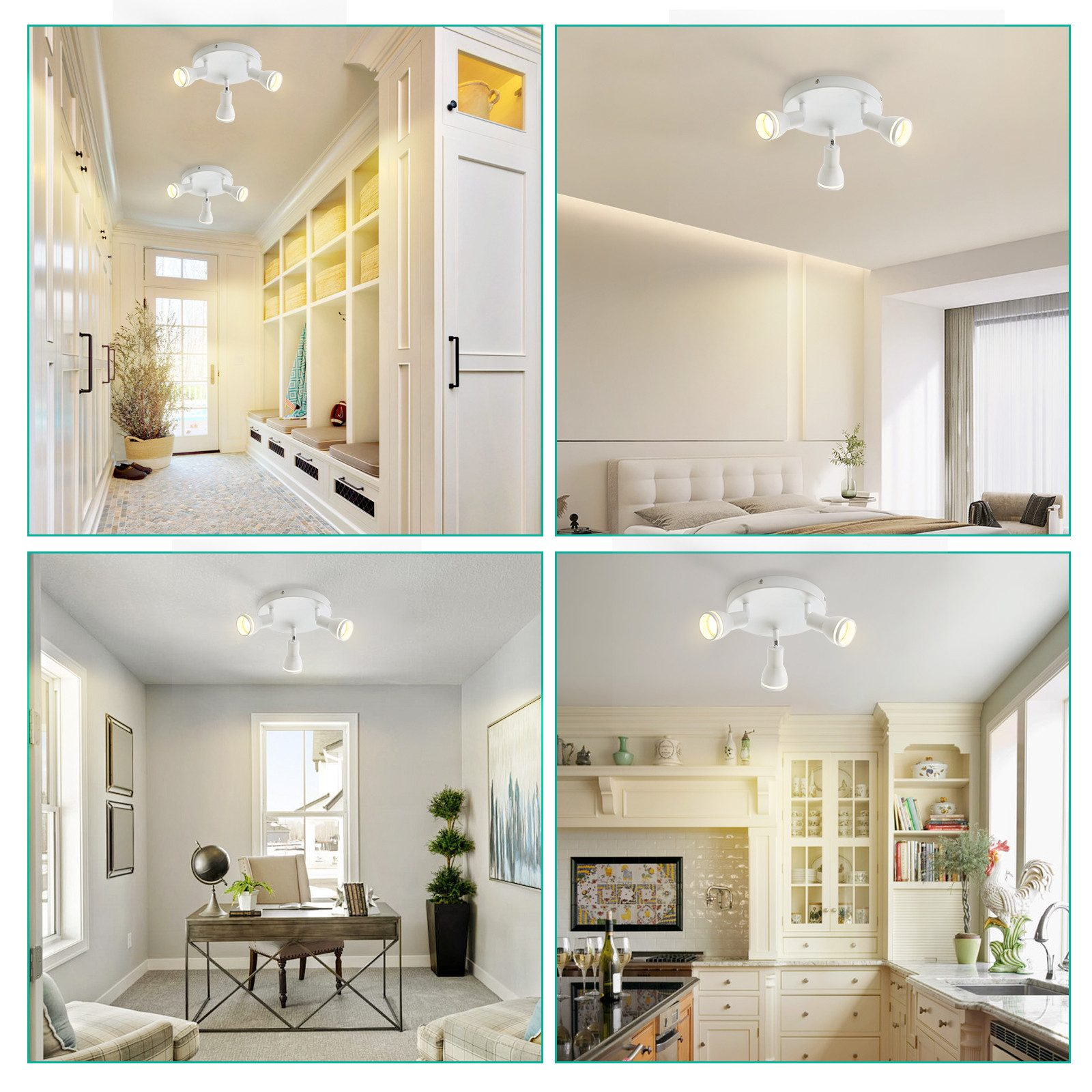 Quattro immagini di lampade da soffitto in stanze diverse, che mostrano vari ambienti interni domestici.