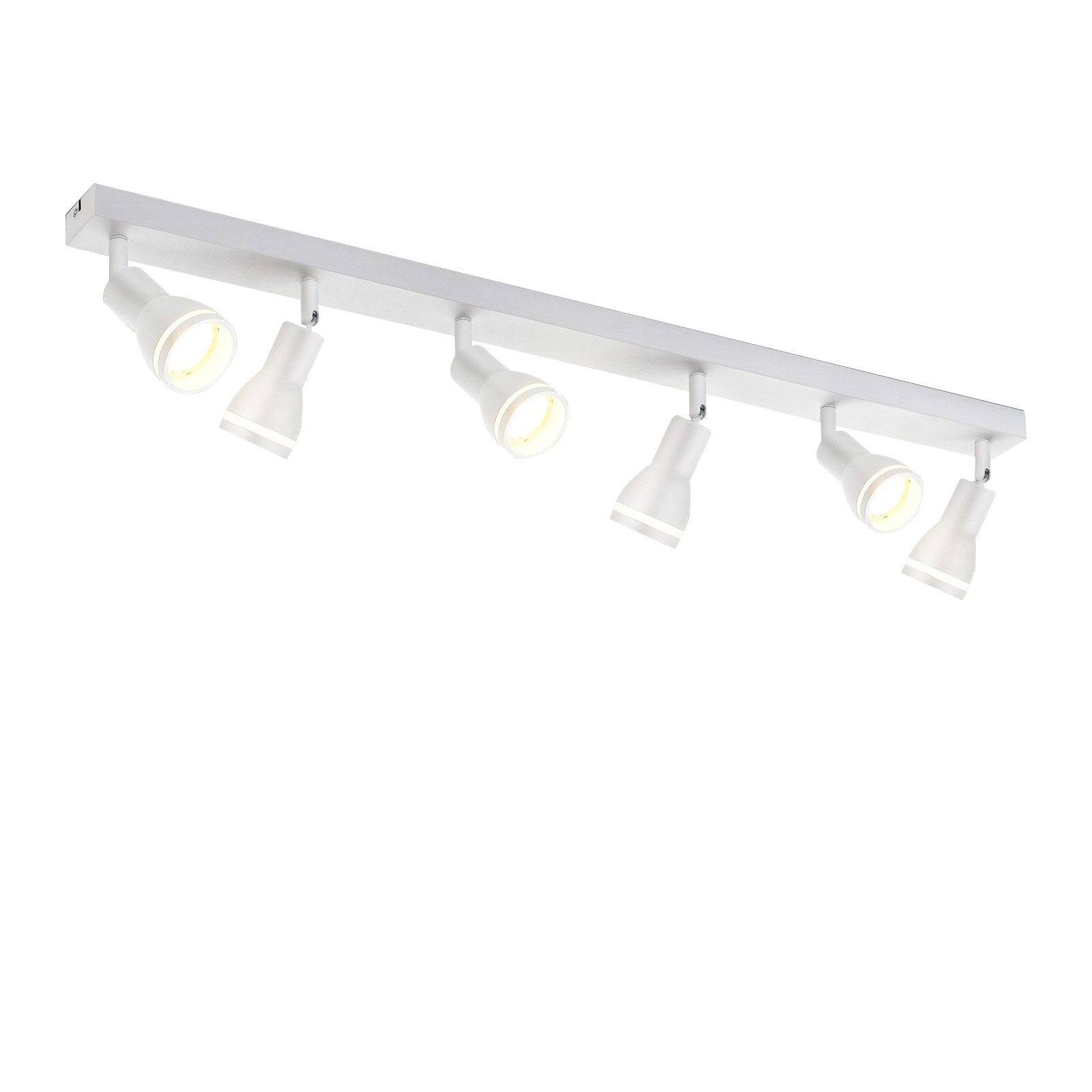 Apparecchio di illuminazione lineare bianco con sei faretti regolabili. Sfondo bianco.