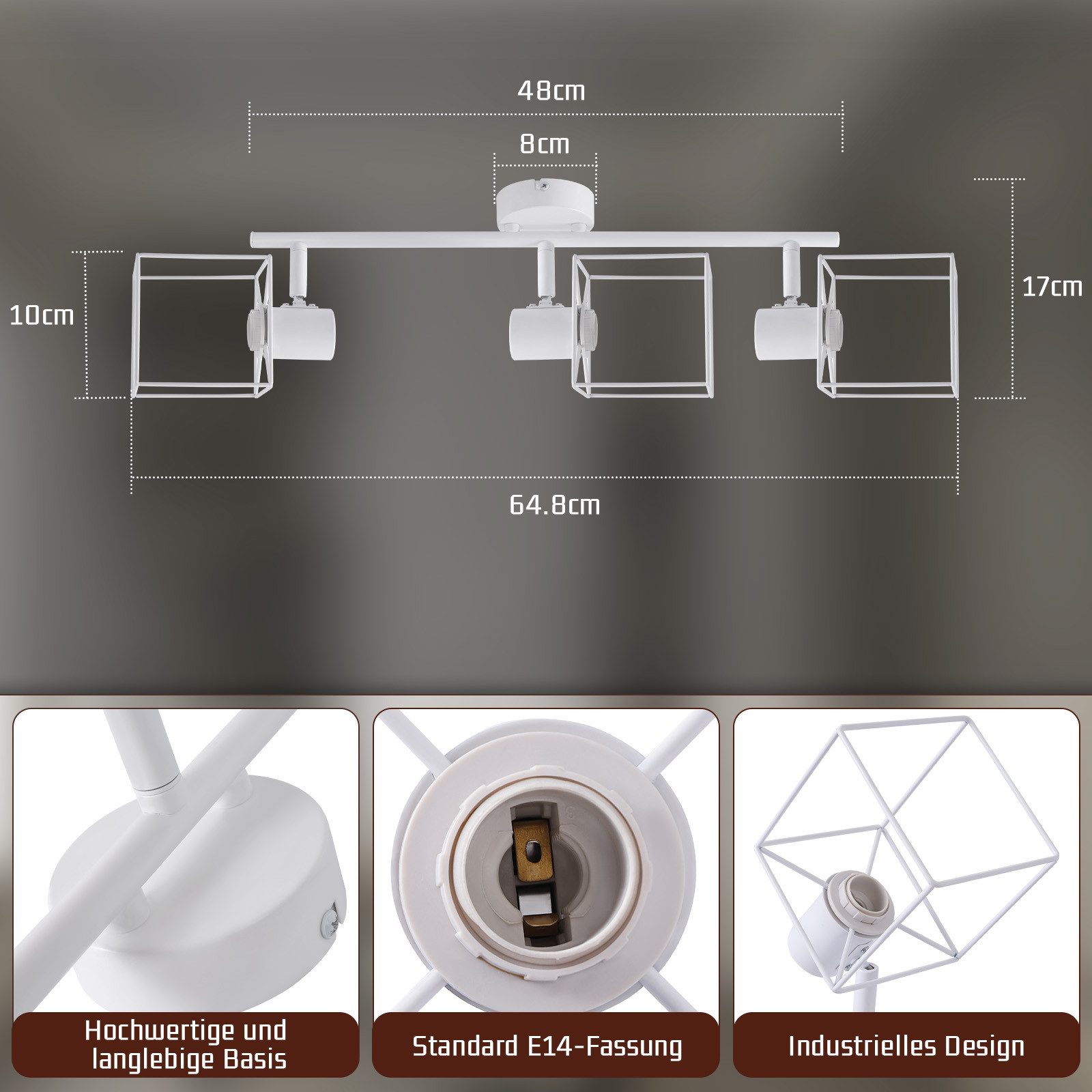 Lampada da soffitto bianca con tre luci. Vengono mostrate le dimensioni, insieme ai primi piani.