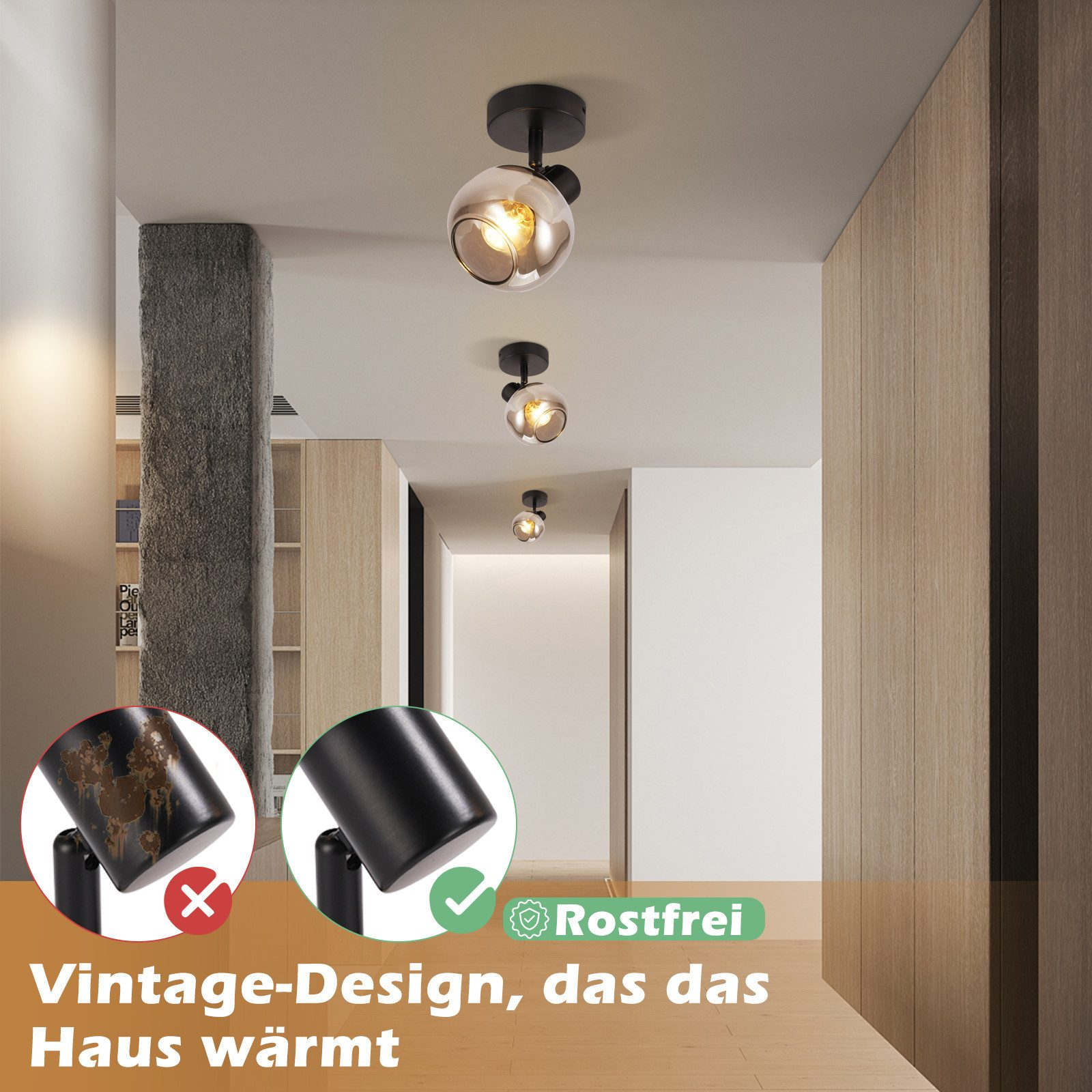 Korytarz z oświetleniem wpuszczanym. Zbliżenie pokazuje dwa czarne reflektory, jeden z rdzą, drugi bez, oznaczony jako nierdzewny.