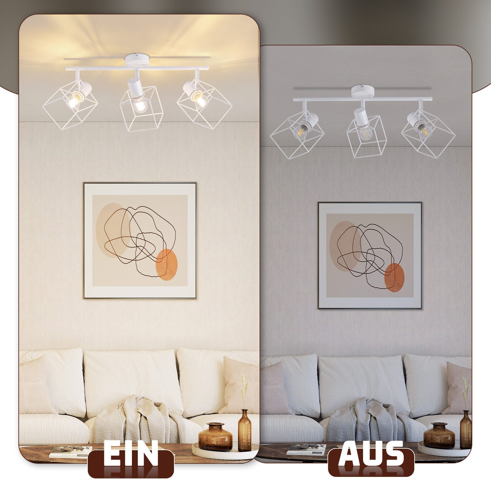 Luci a soffitto accese e spente. Apparecchi bianchi. Apparecchi di illuminazione in una stanza con arte e mobili.