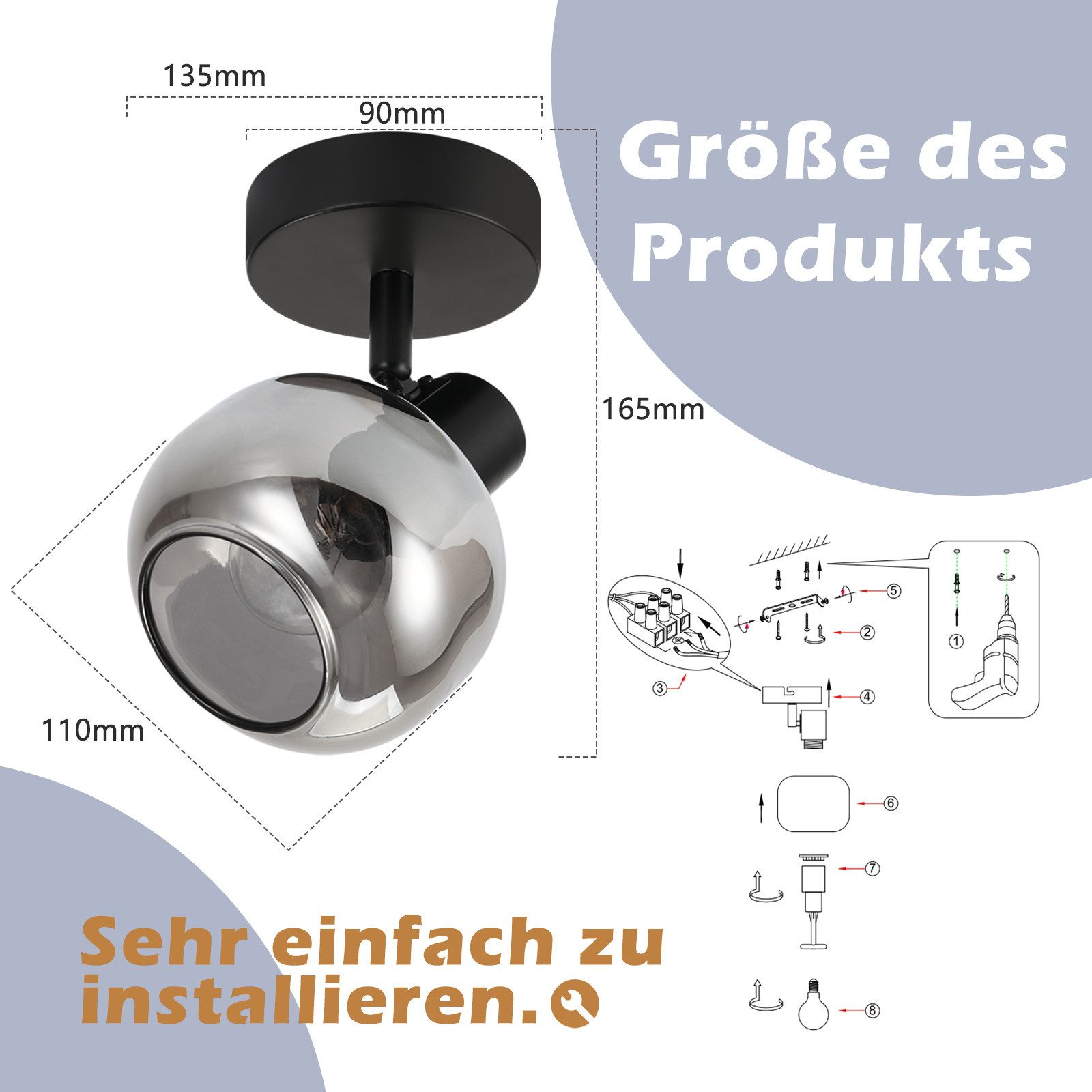 Nowoczesny chromowany reflektor z wymiarami i schematem instalacji. Tekst brzmi: 'Bardzo łatwy w instalacji'.